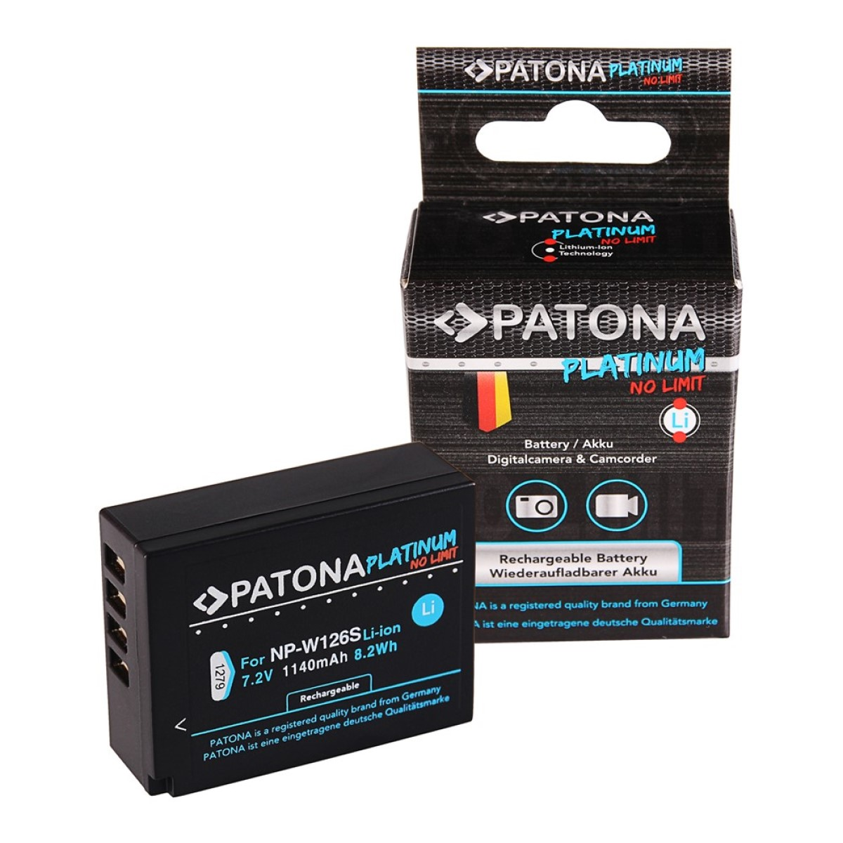 Schwarzer Kameraakku mit der Marke PATONA PLATINUM und eine Box.