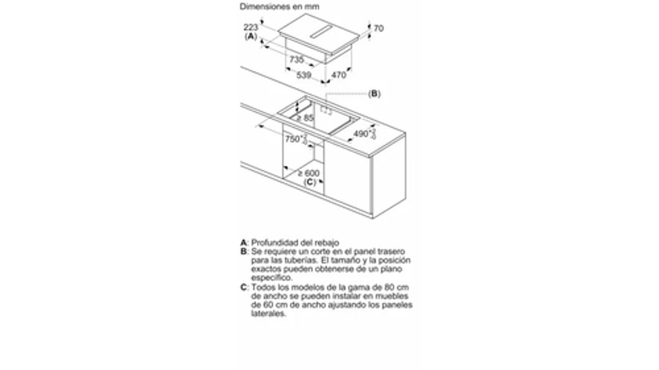 Schemat blatu kuchennego i wymiary do instalacji.