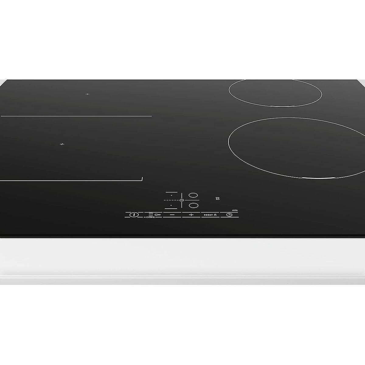 Czarna płyta indukcyjna z okręgami i przyciskami. Znajduje się na białej powierzchni.