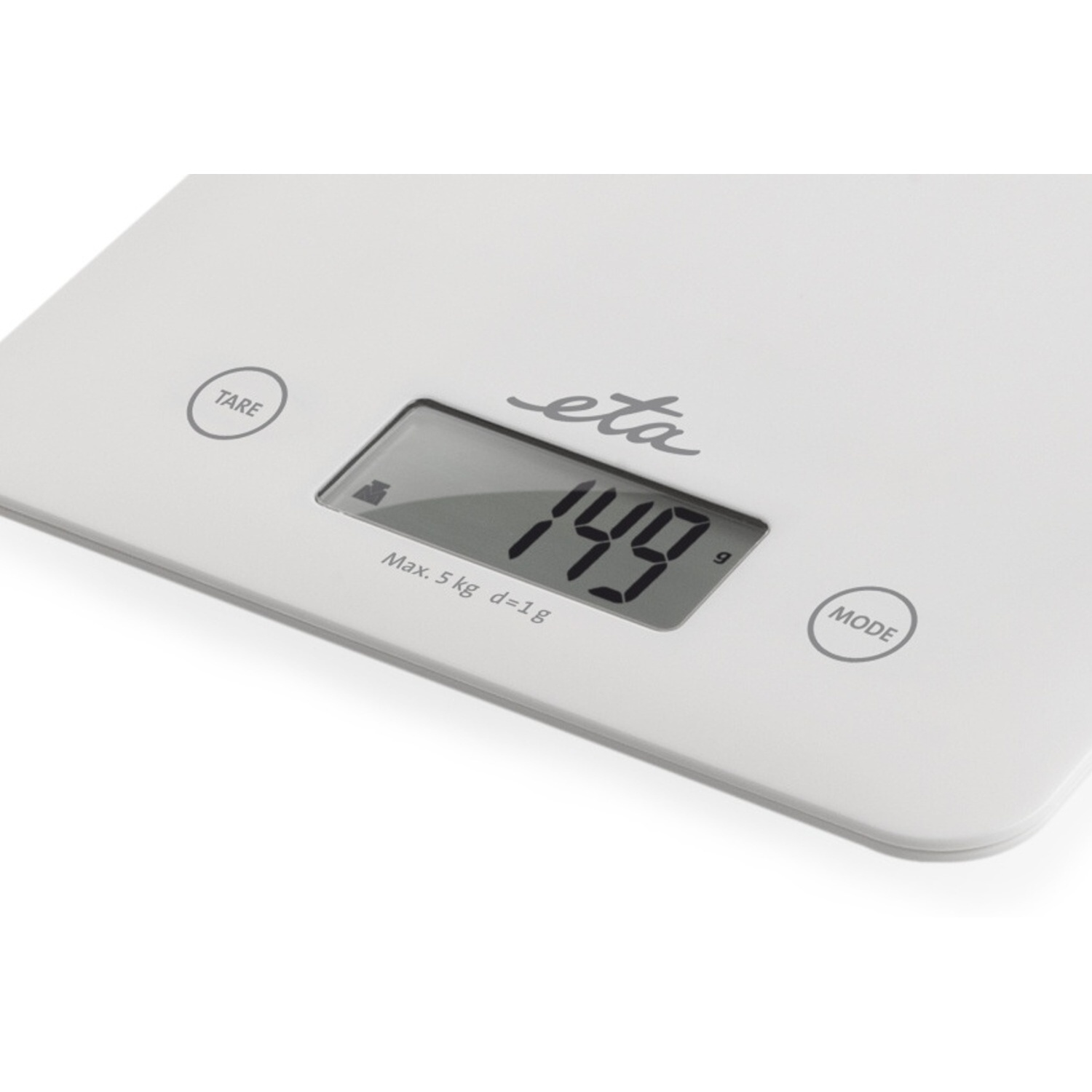 Weiße Digitalwaage mit Anzeige von 149g und Modus- und Tara-Tasten.