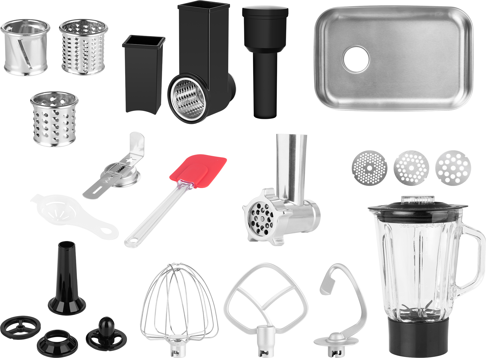 Accessori per l'aiuto in cucina. Vari accessori metallici e rossi visibili.