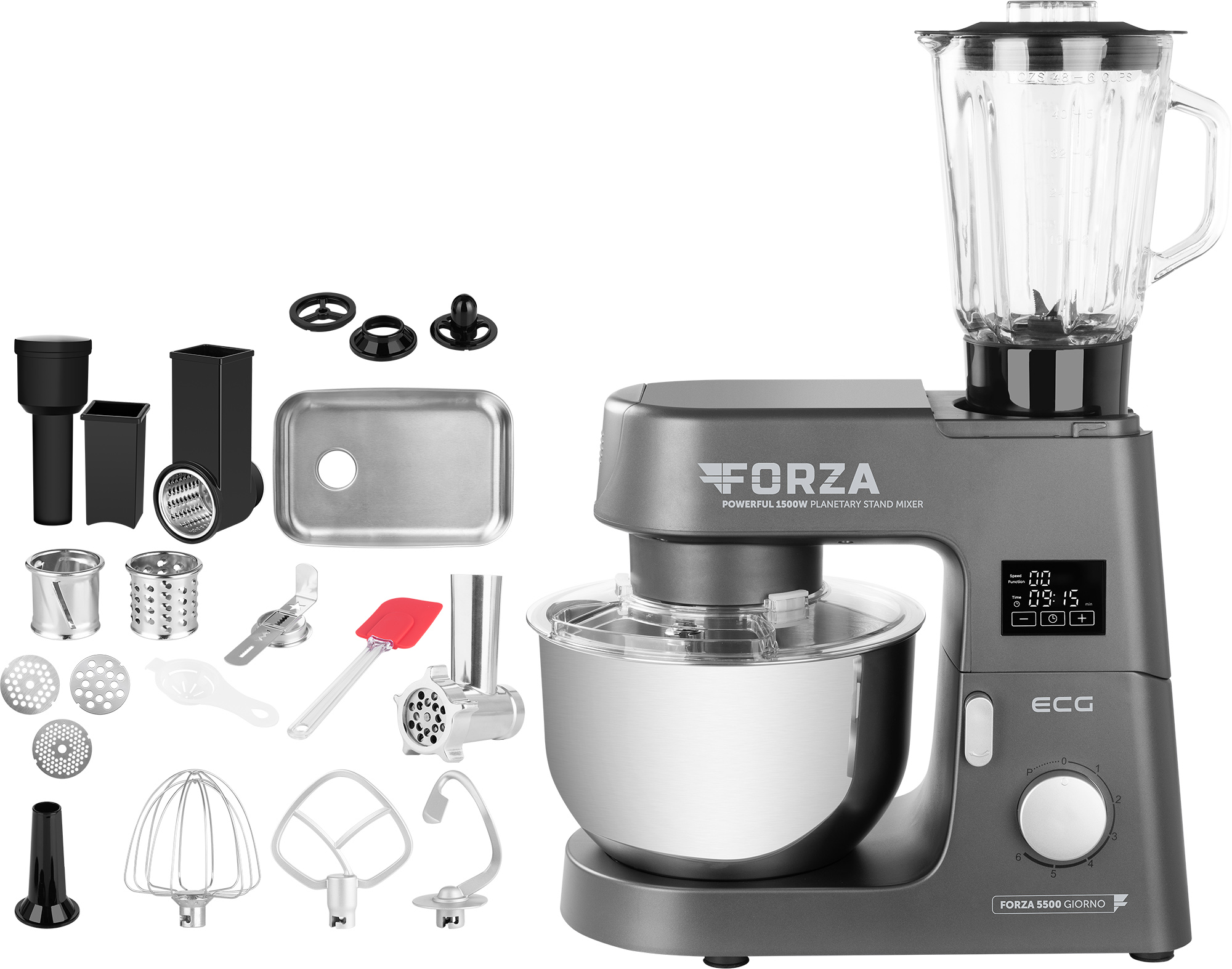 Un robot da cucina grigio con accessori e un frullatore sopra, su sfondo bianco.