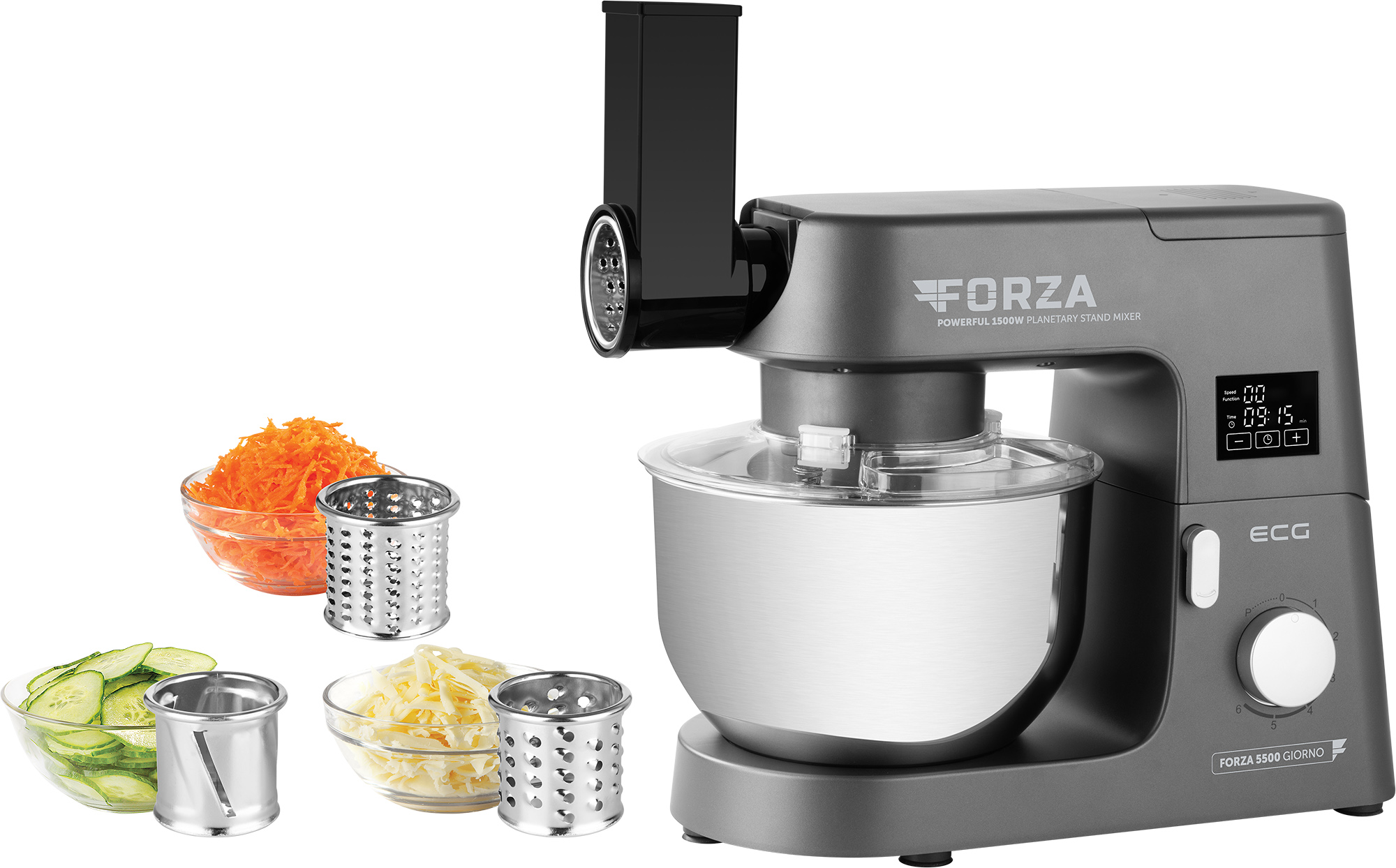 Robot da cucina grigio con vari accessori, tra cui grattugie e ciotole di verdure grattugiate.
