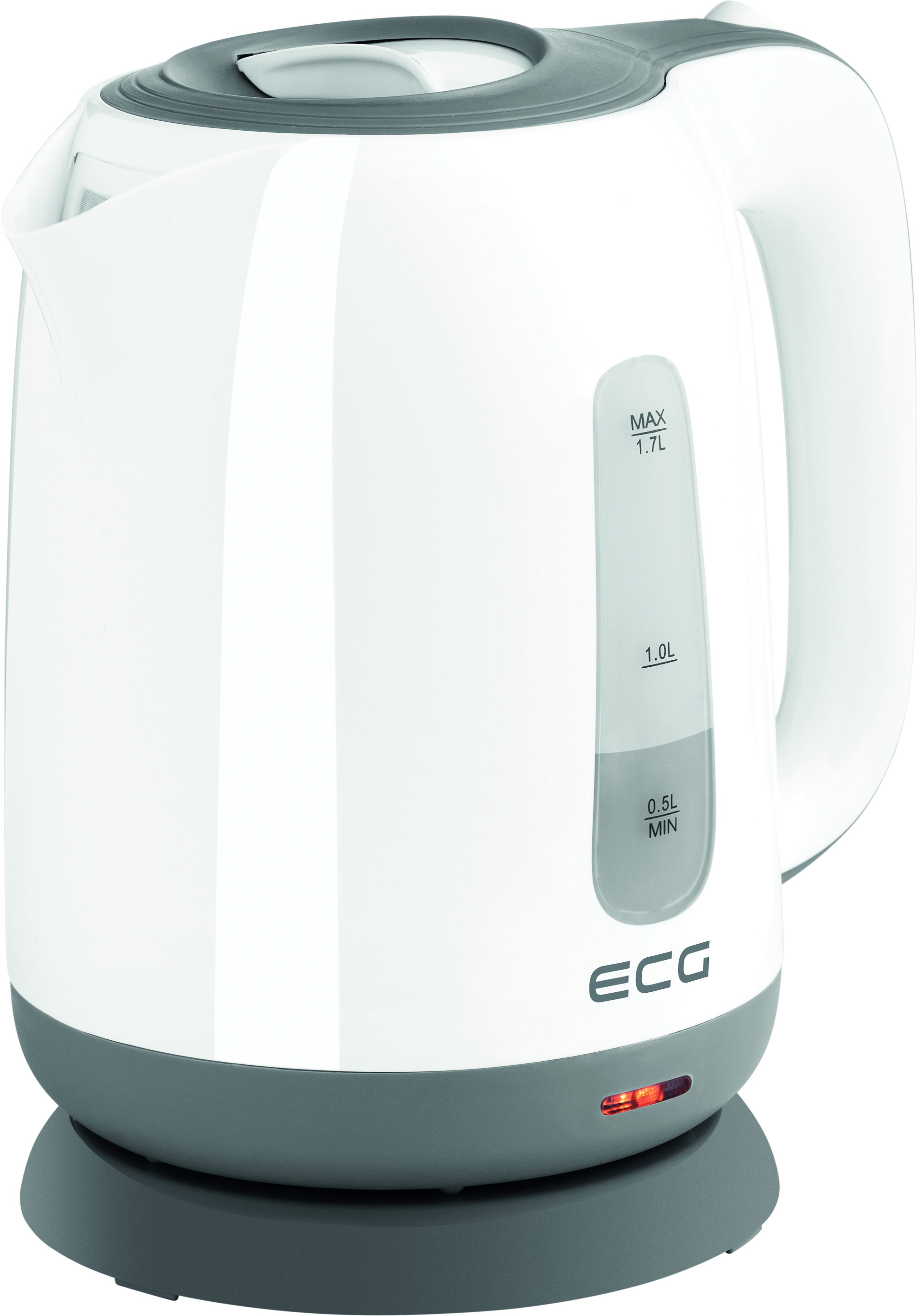 Biały i szary czajnik elektryczny ze wskaźnikiem poziomu wody. Ma szary uchwyt i podstawę.