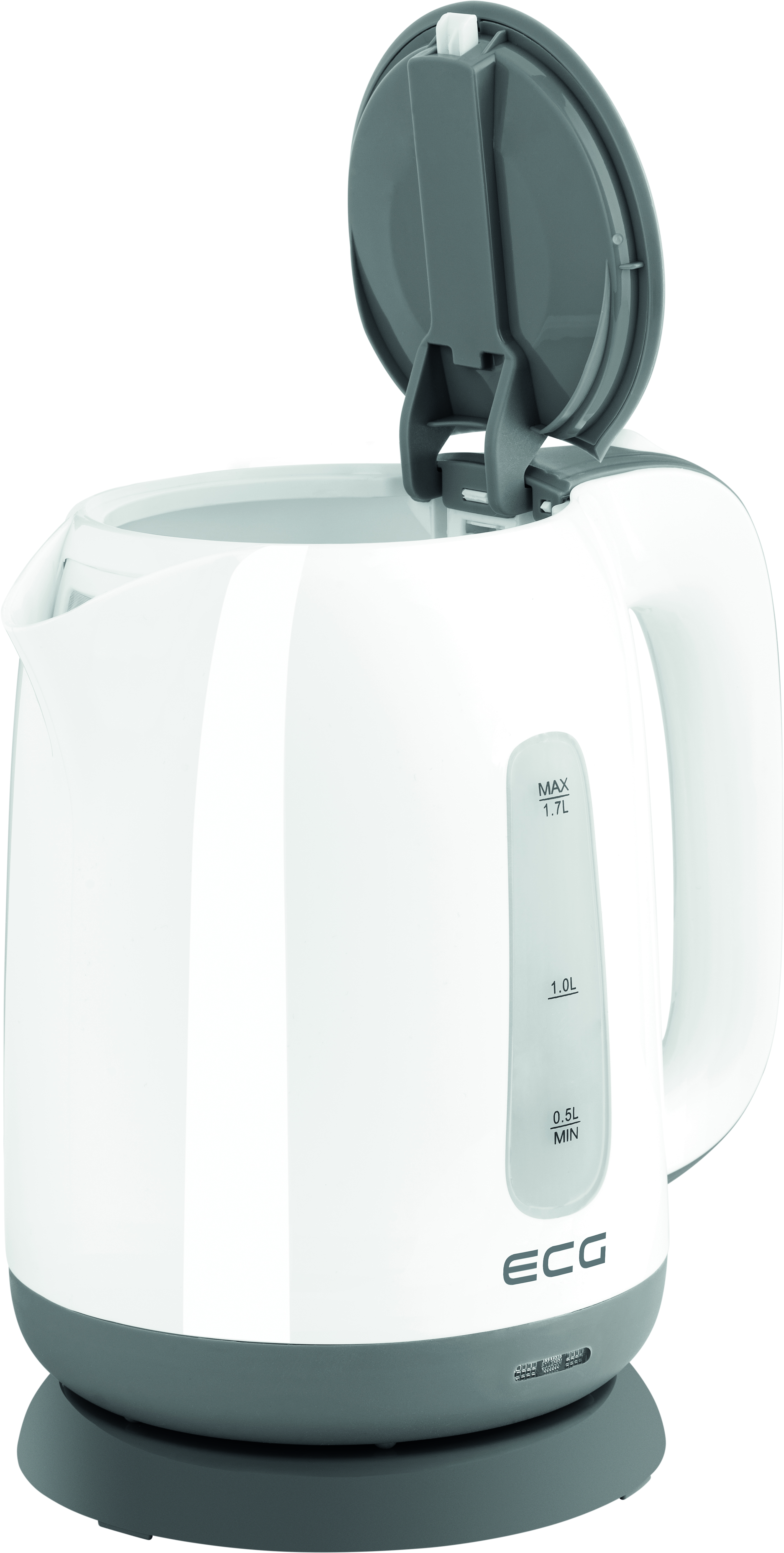 Biały czajnik elektryczny z szarą pokrywką i podstawą, otwarty, pokazujący wnętrze.