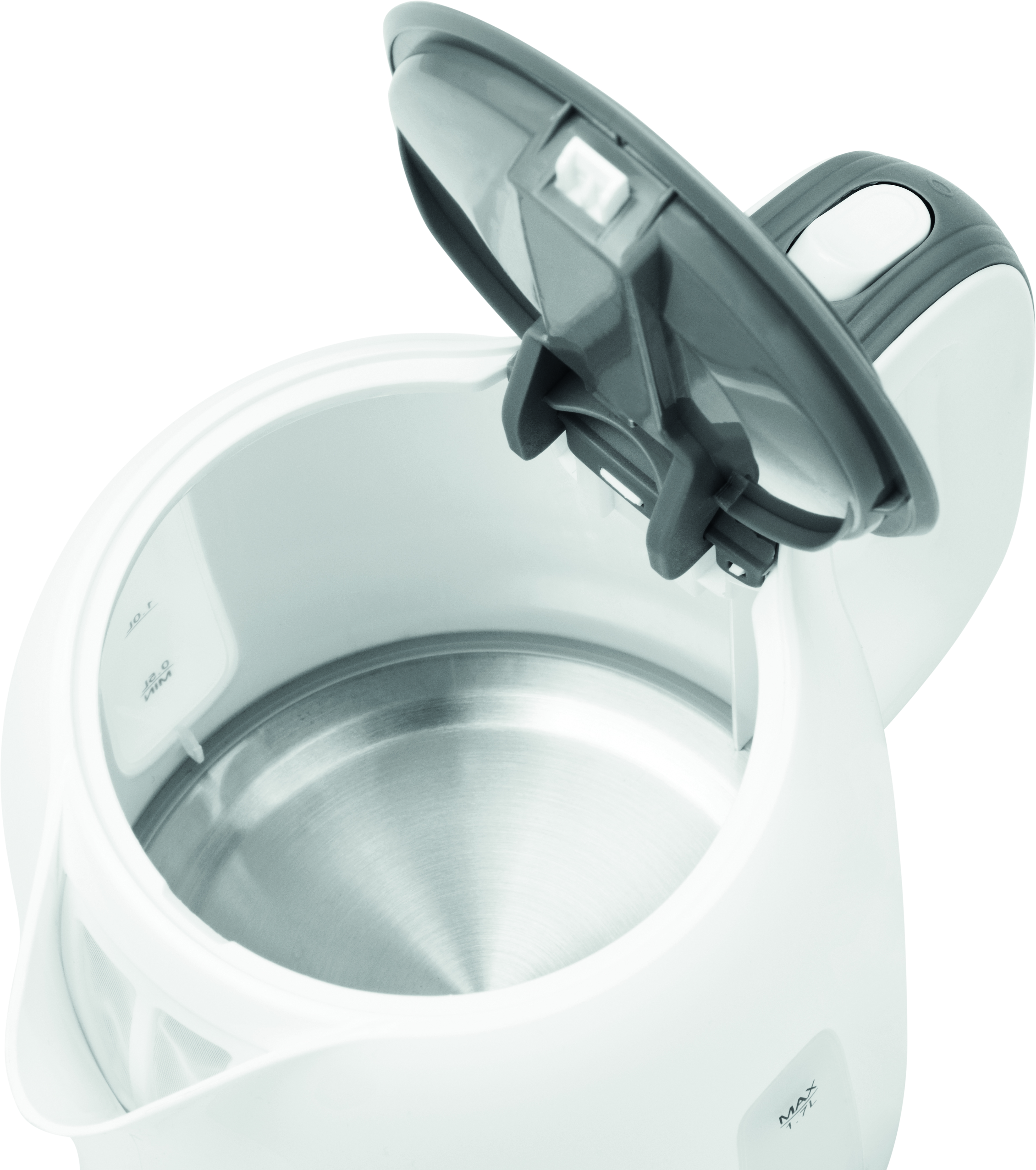 Otwarty, biały czajnik elektryczny, pokazujący wnętrze. Pokrywa jest otwarta, widoczny jest biały uchwyt.