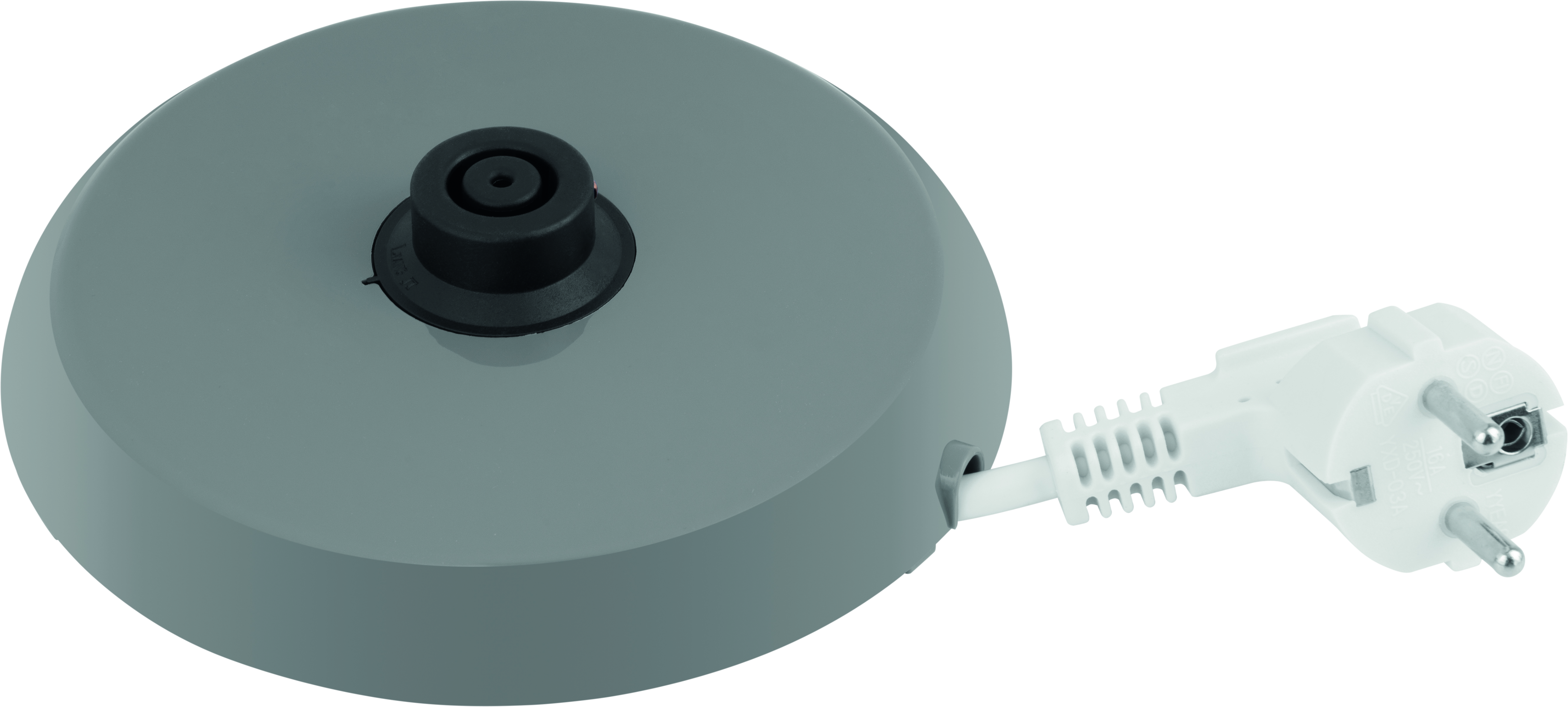 Szara podstawa czajnika z przewodem zasilającym i wtyczką.