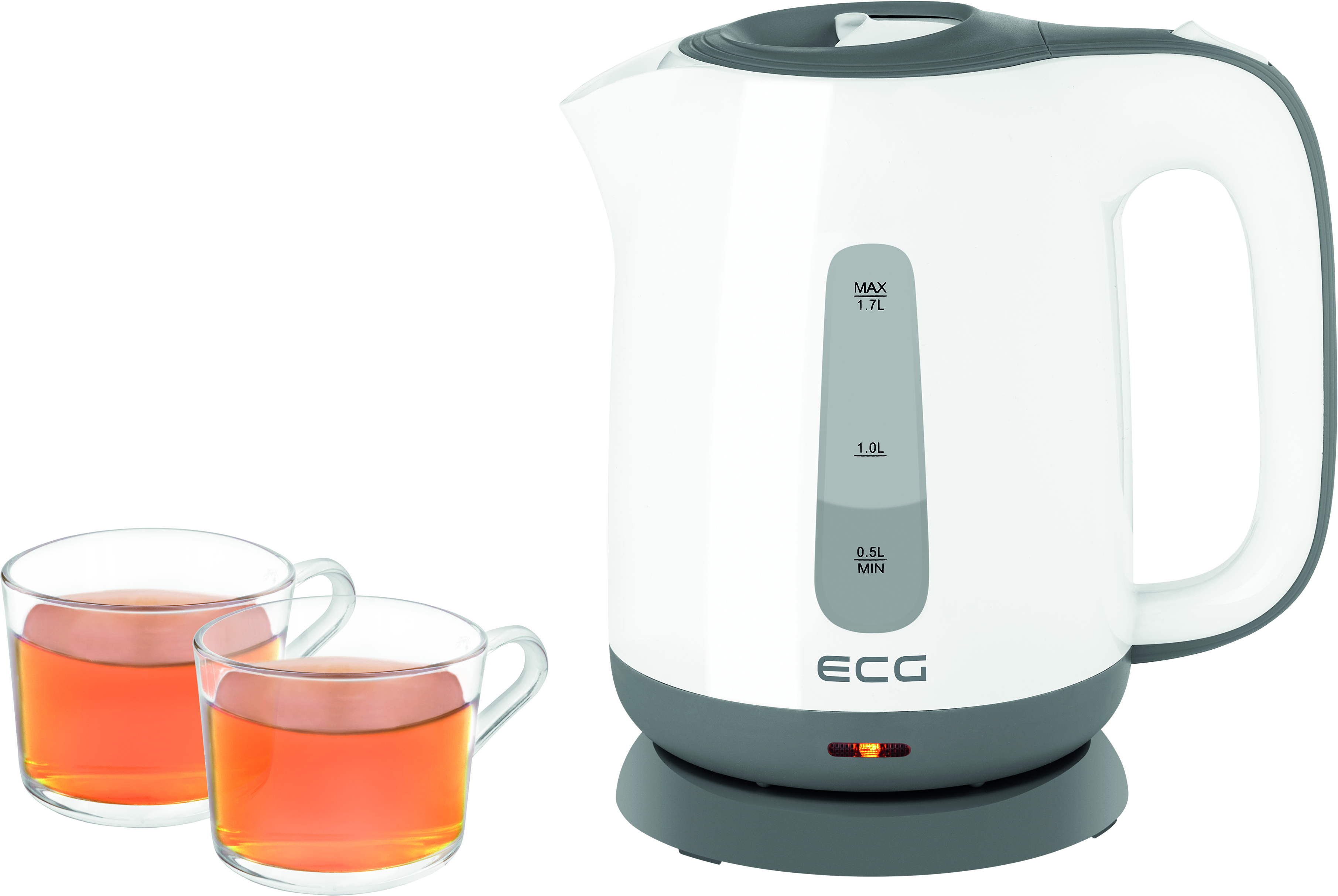 Biały czajnik elektryczny i dwie szklanki z herbatą.