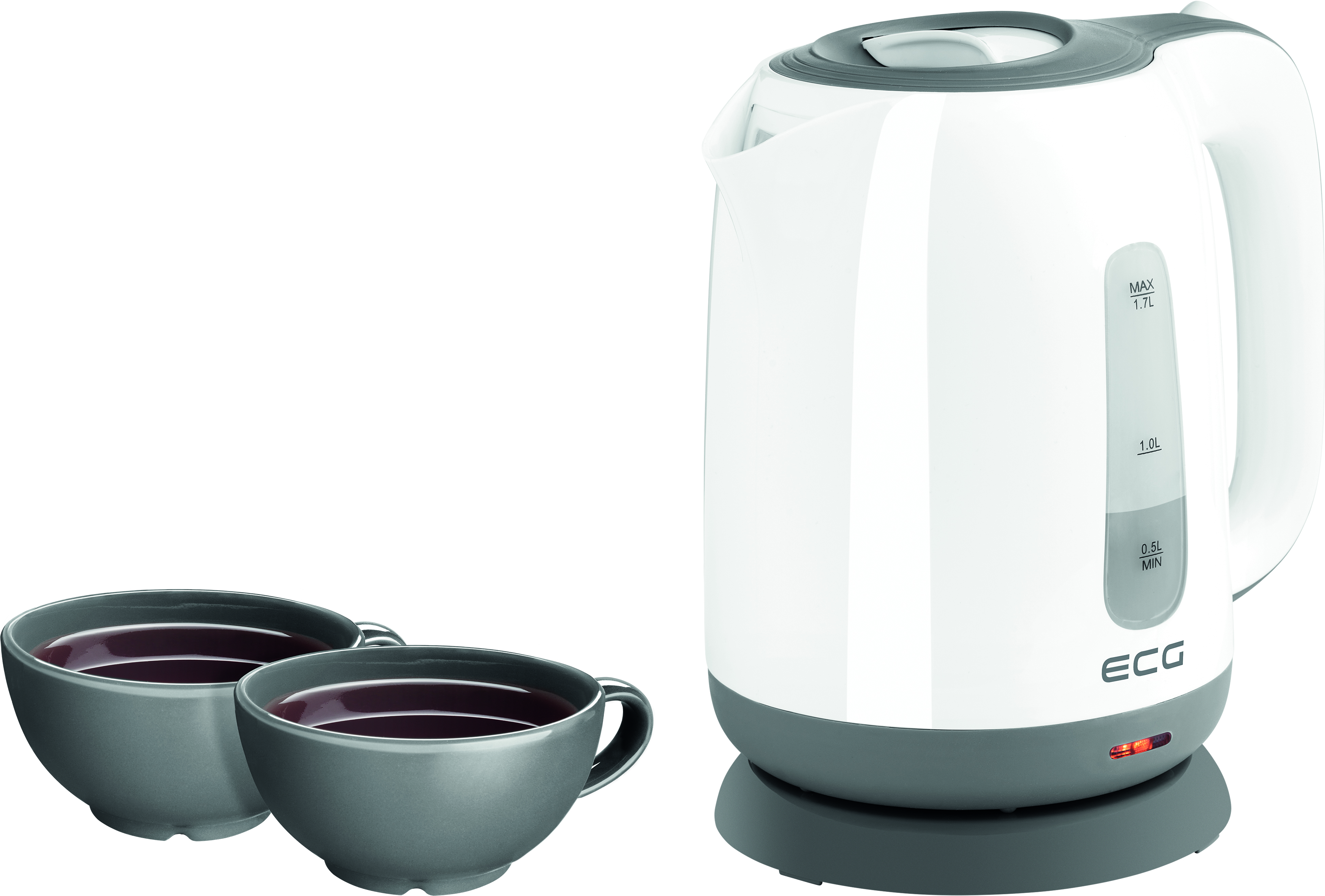 Biało-szary czajnik elektryczny z dwoma szarymi filiżankami herbaty na białym tle.