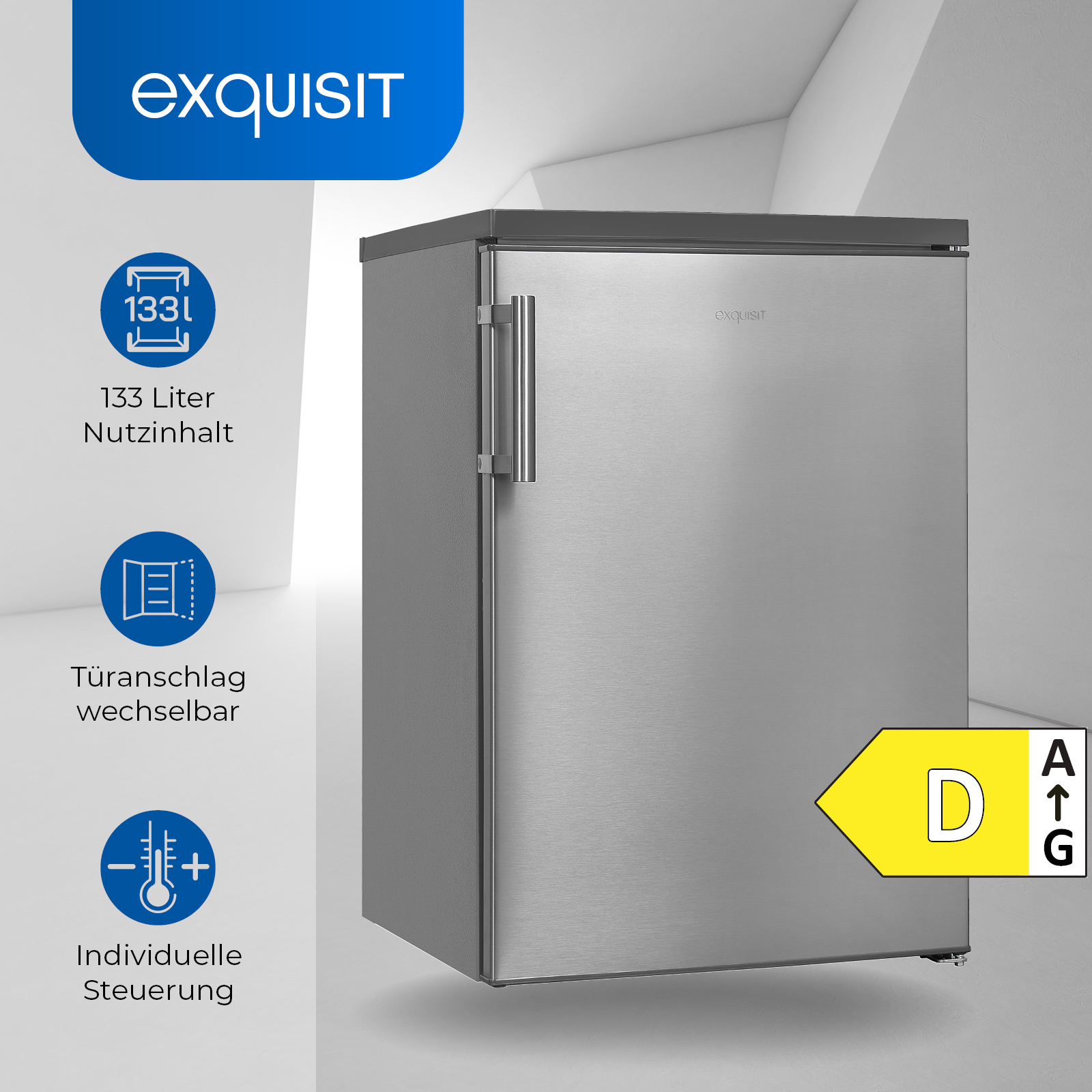 EXQUISIT KS16-V-H-010D Kühlschrank inoxlook hoch, 850 mm Silber) (D