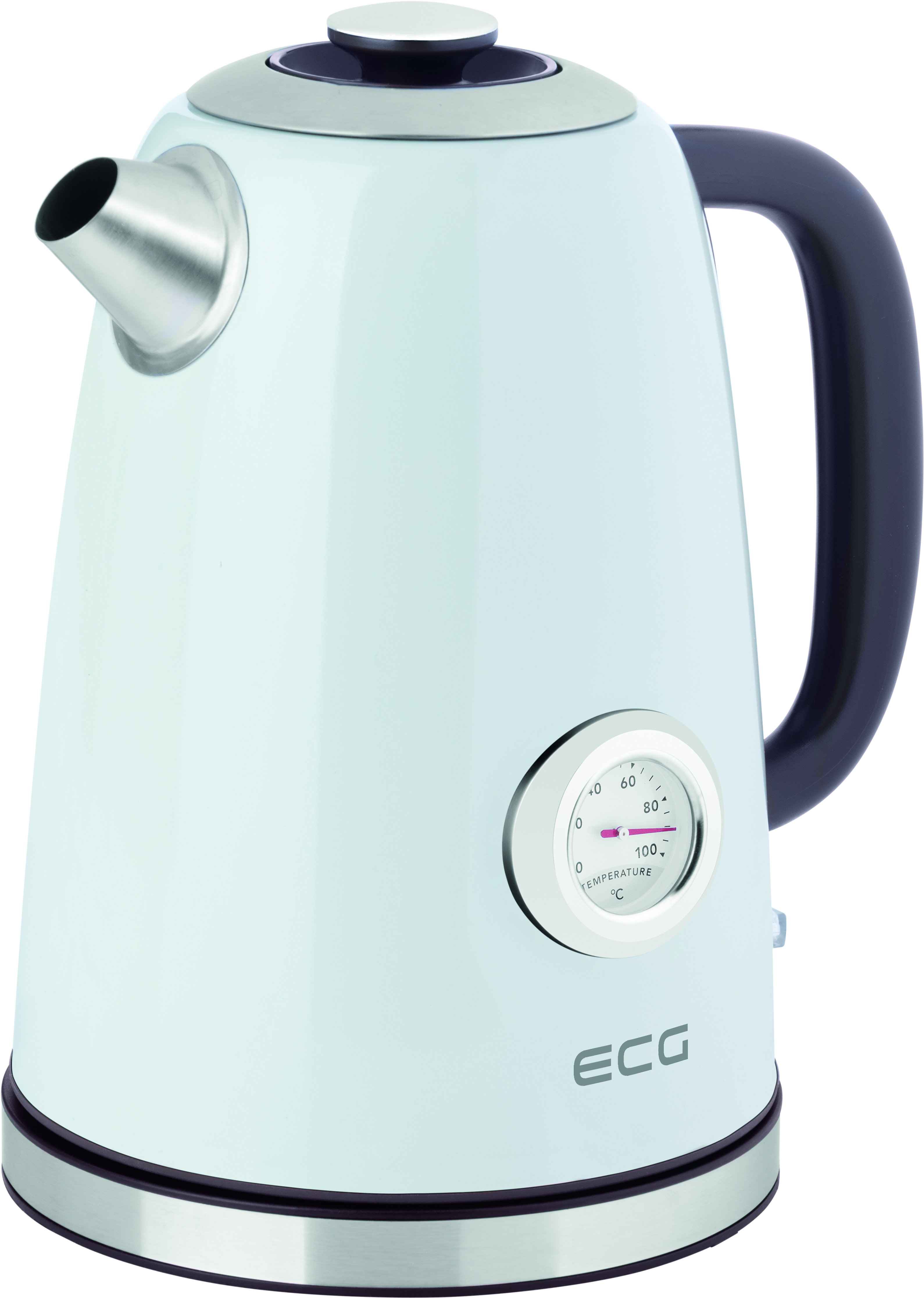 Weißer Wasserkocher mit braunem Griff und Temperaturanzeige. ECG-Logo auf der Vorderseite.