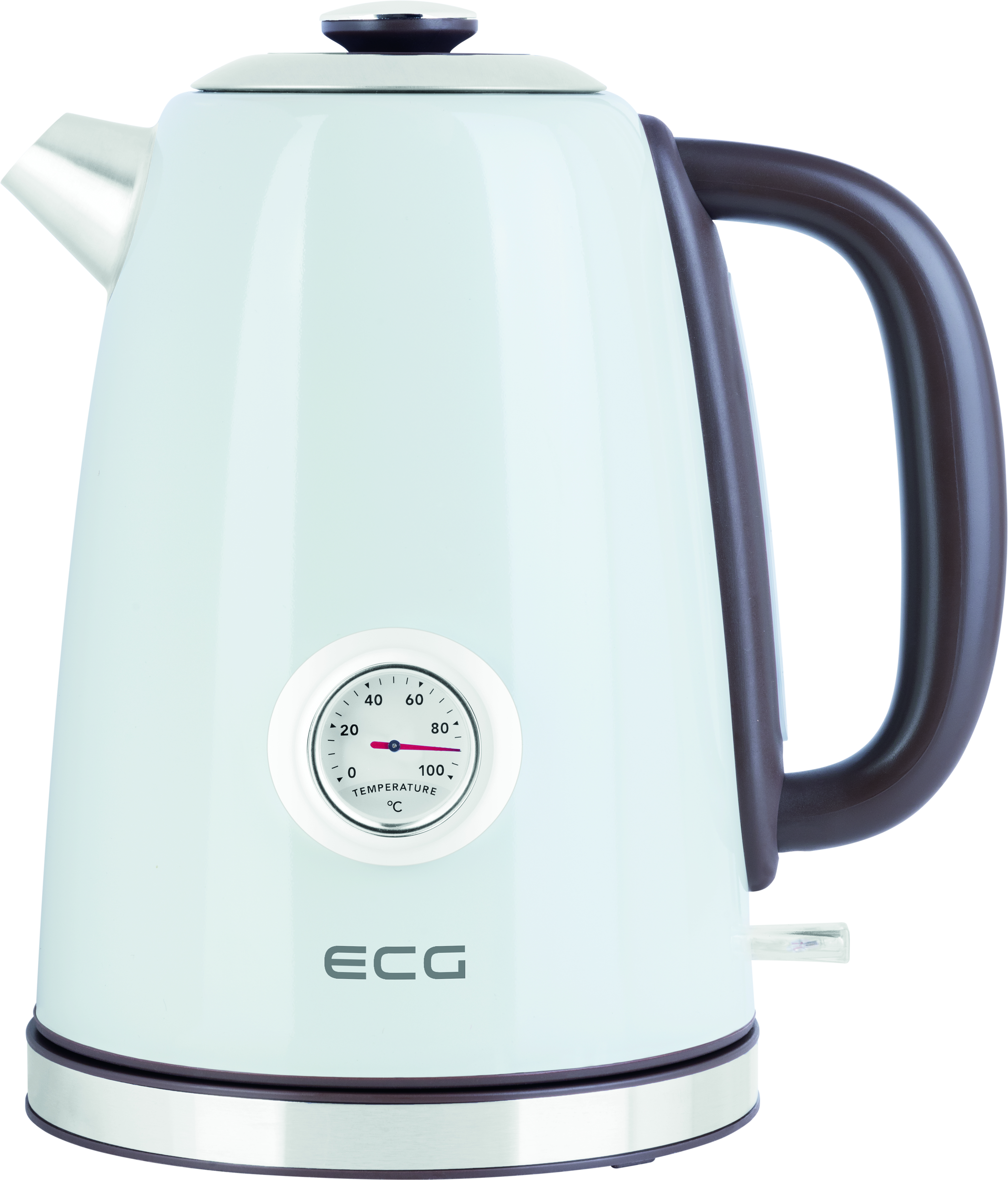 Ein weißer Wasserkocher mit braunem Griff und Temperaturregler. Der Markenname ist ECG.