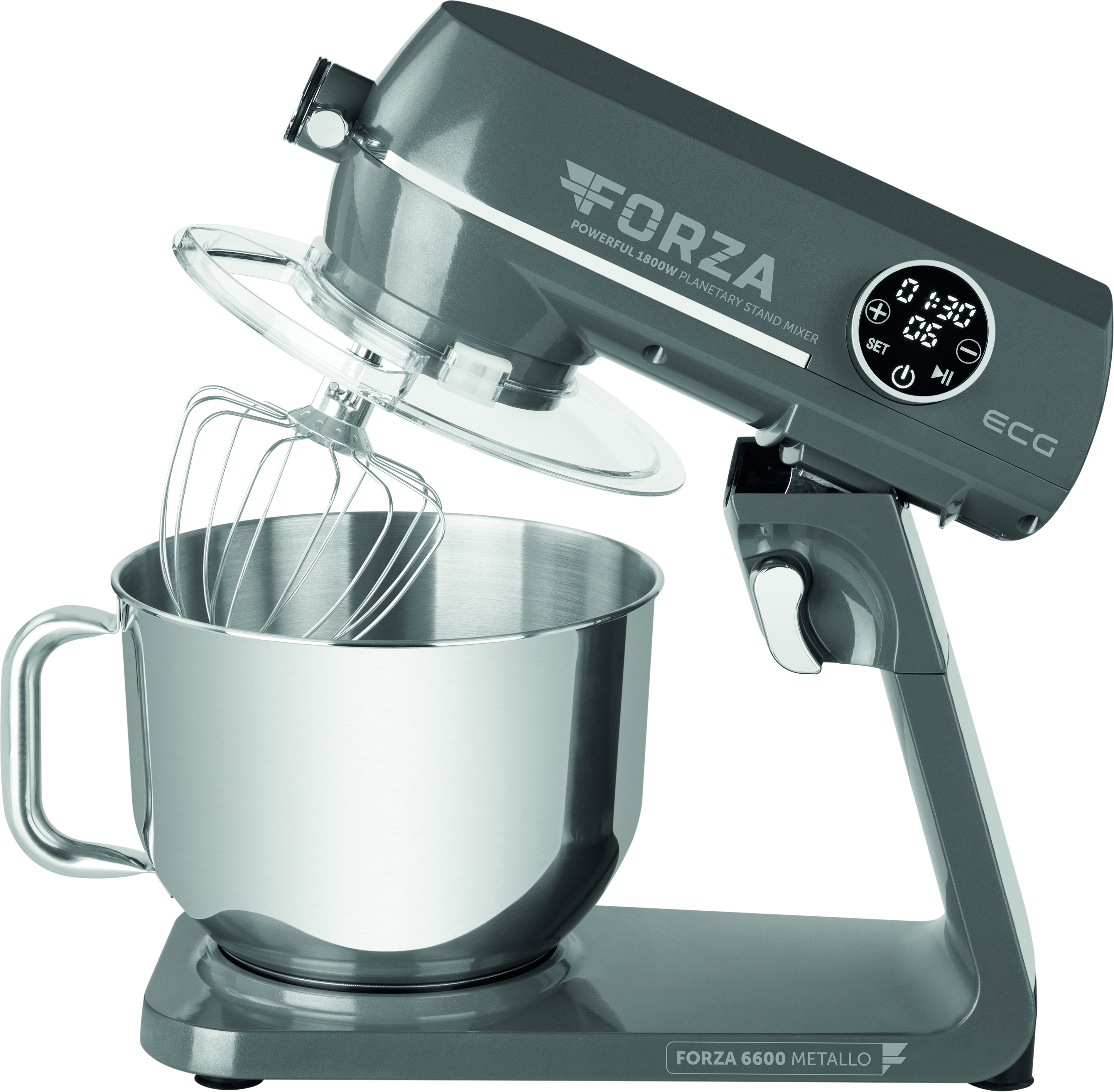 Impastatrice grigia con ciotola e frusta in acciaio inox. Include un timer digitale.