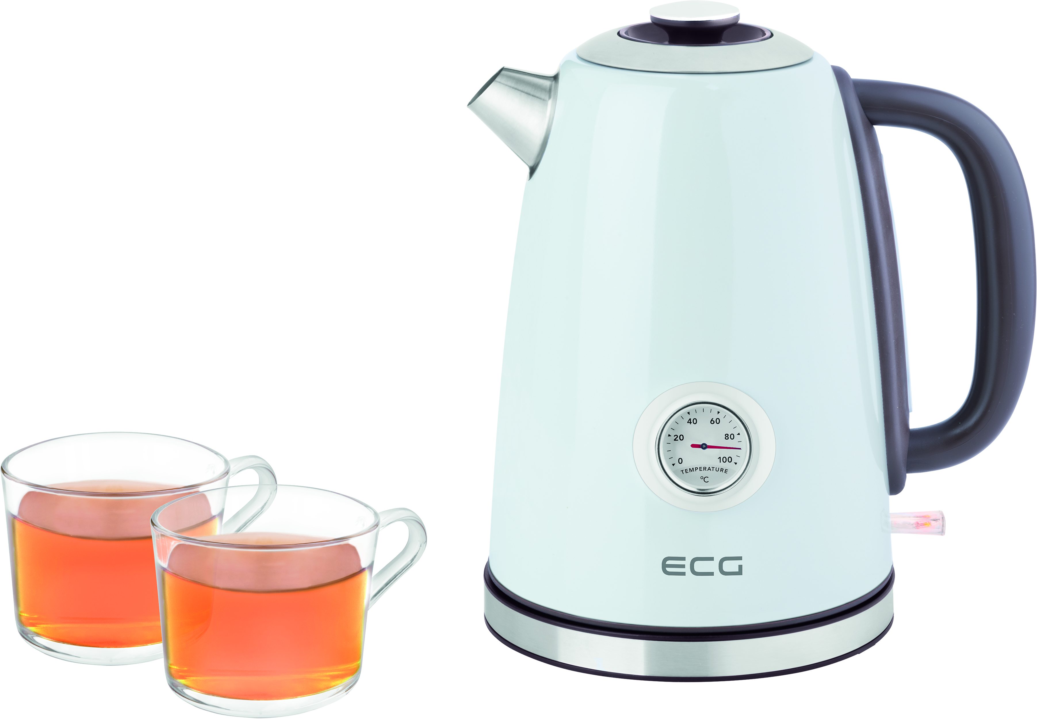 Weißer Wasserkocher mit Temperaturanzeige und zwei Gläsern Tee auf weißem Hintergrund.