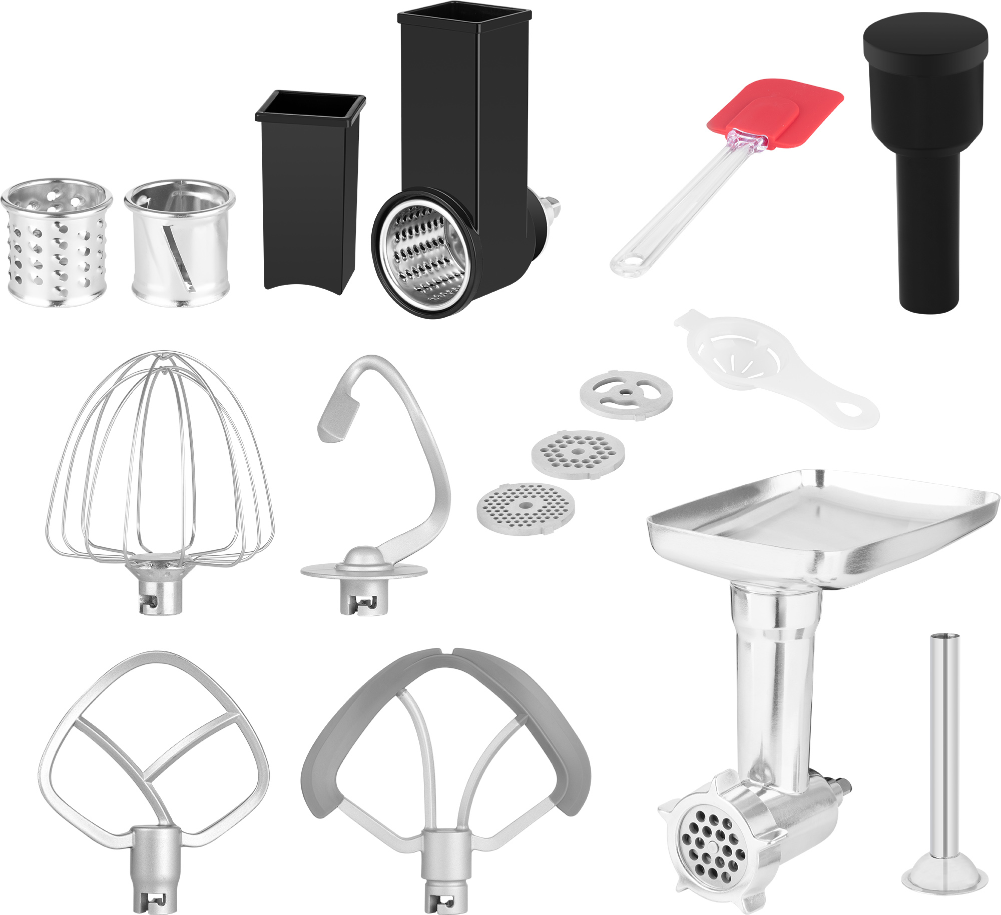 Vari accessori per impastatrice. Include fruste, fruste, macinacarne e altre parti.
