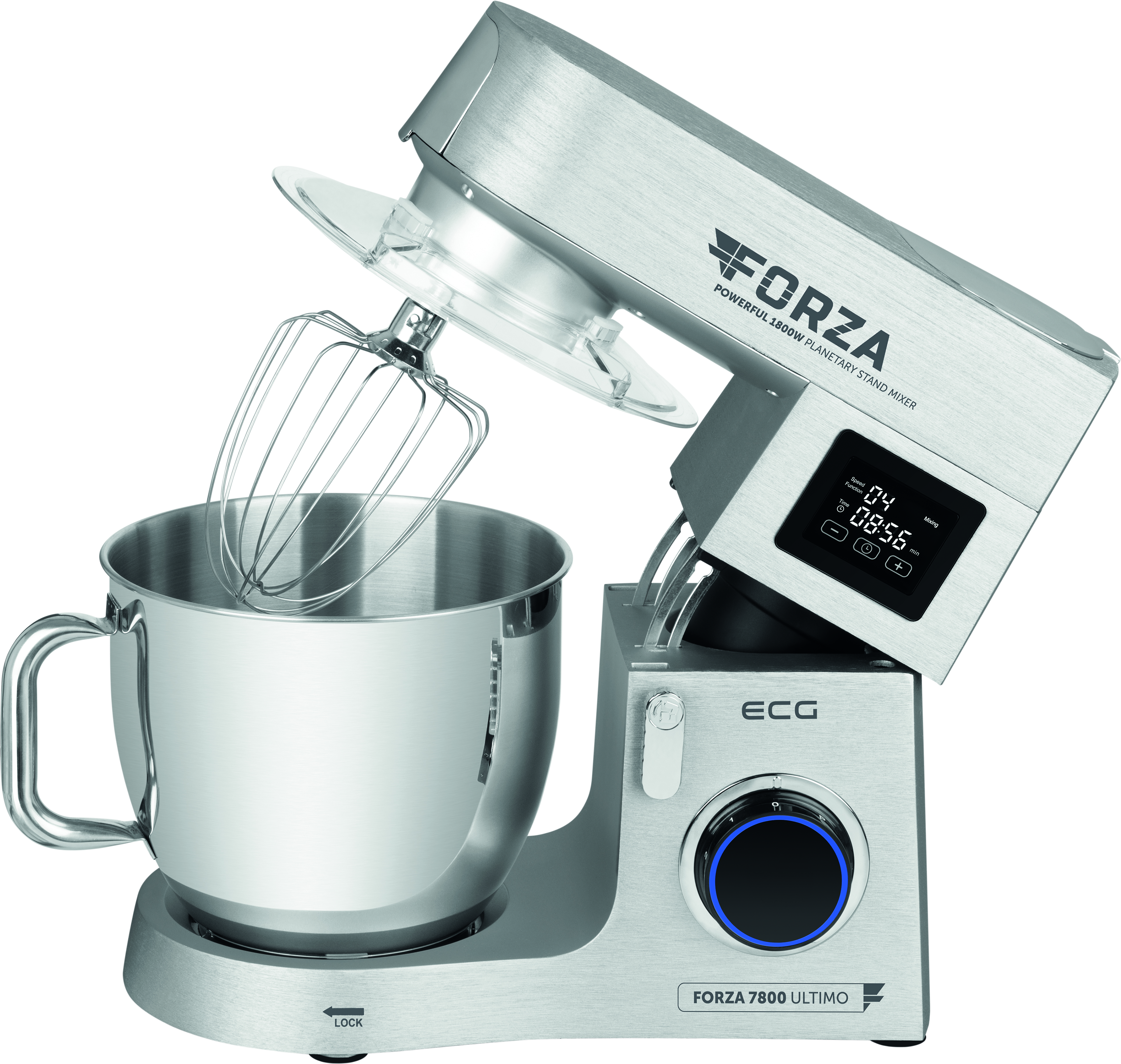 Silberner Küchenmixer mit Schüssel und Schneebesen. Der Mixer hat ein digitales Display.