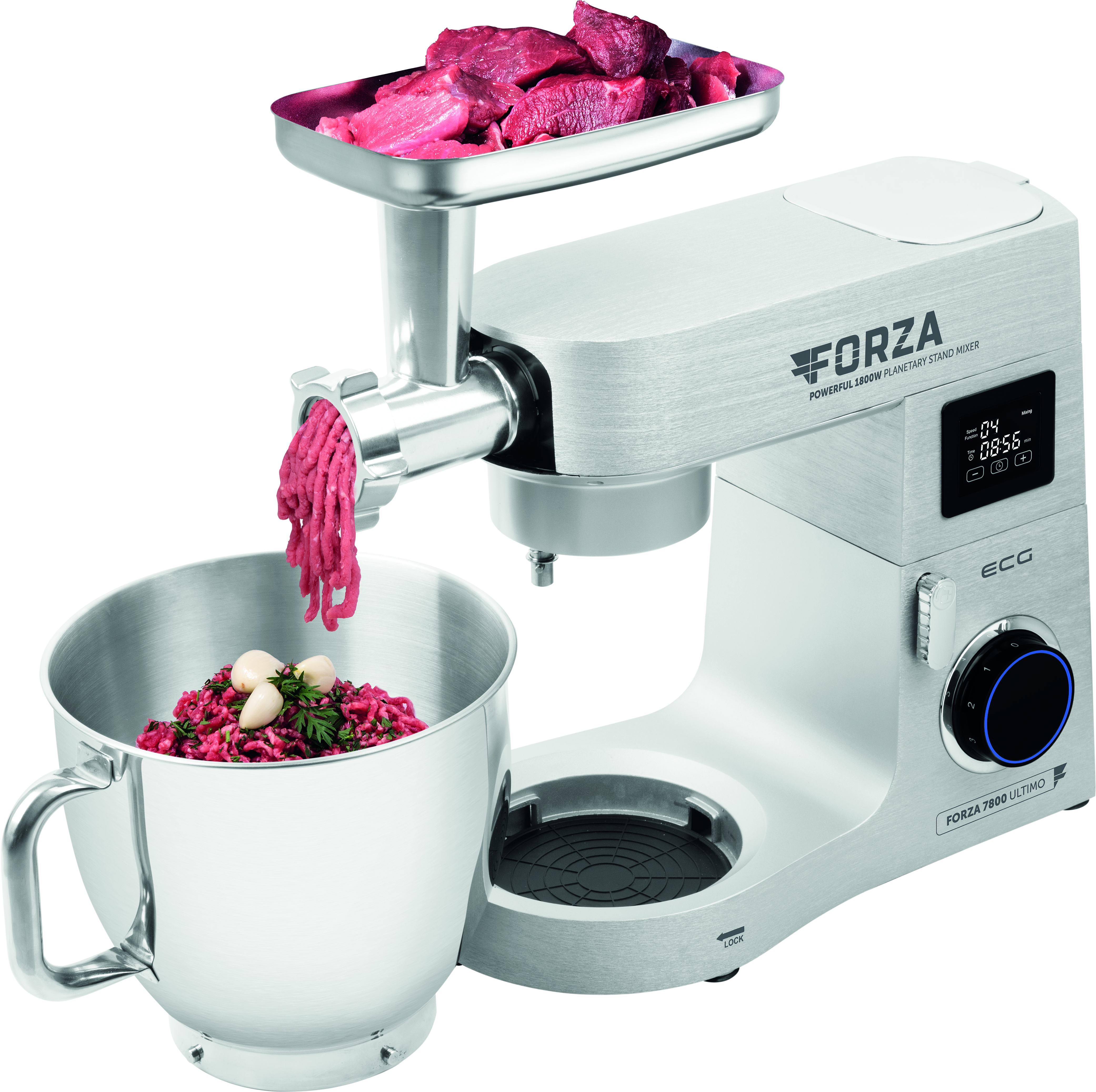 Ein silberner und weißer Foodprocessor mit Fleisch und Knoblauch.