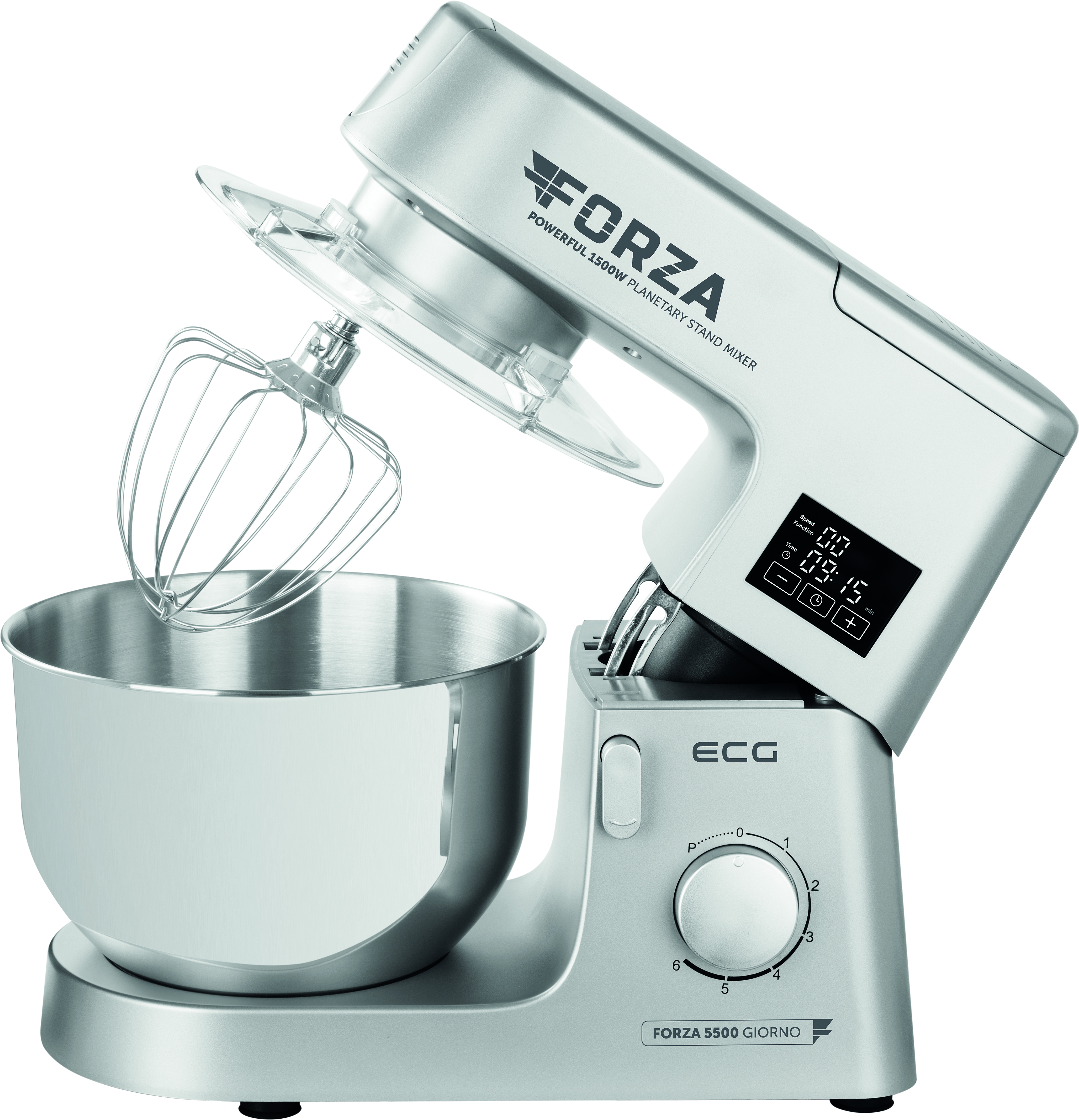 Silberner Küchenmixer mit Schüssel und Zubehör. Text sagt 'FORZA' und 'ECG'.