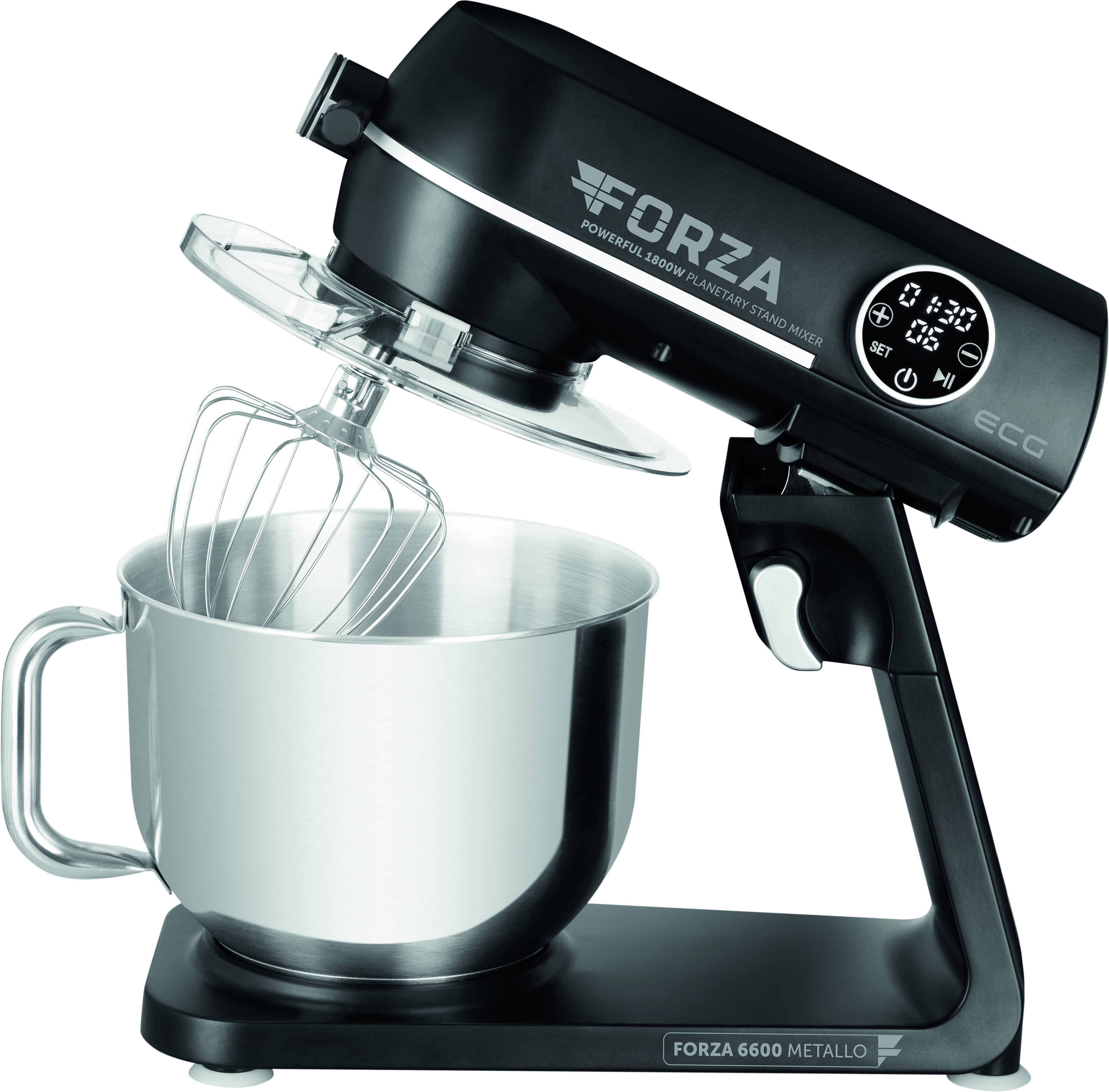 Schwarzer Forza Küchenmixer mit Schüssel und Schneebesen. Digitalanzeige sichtbar.