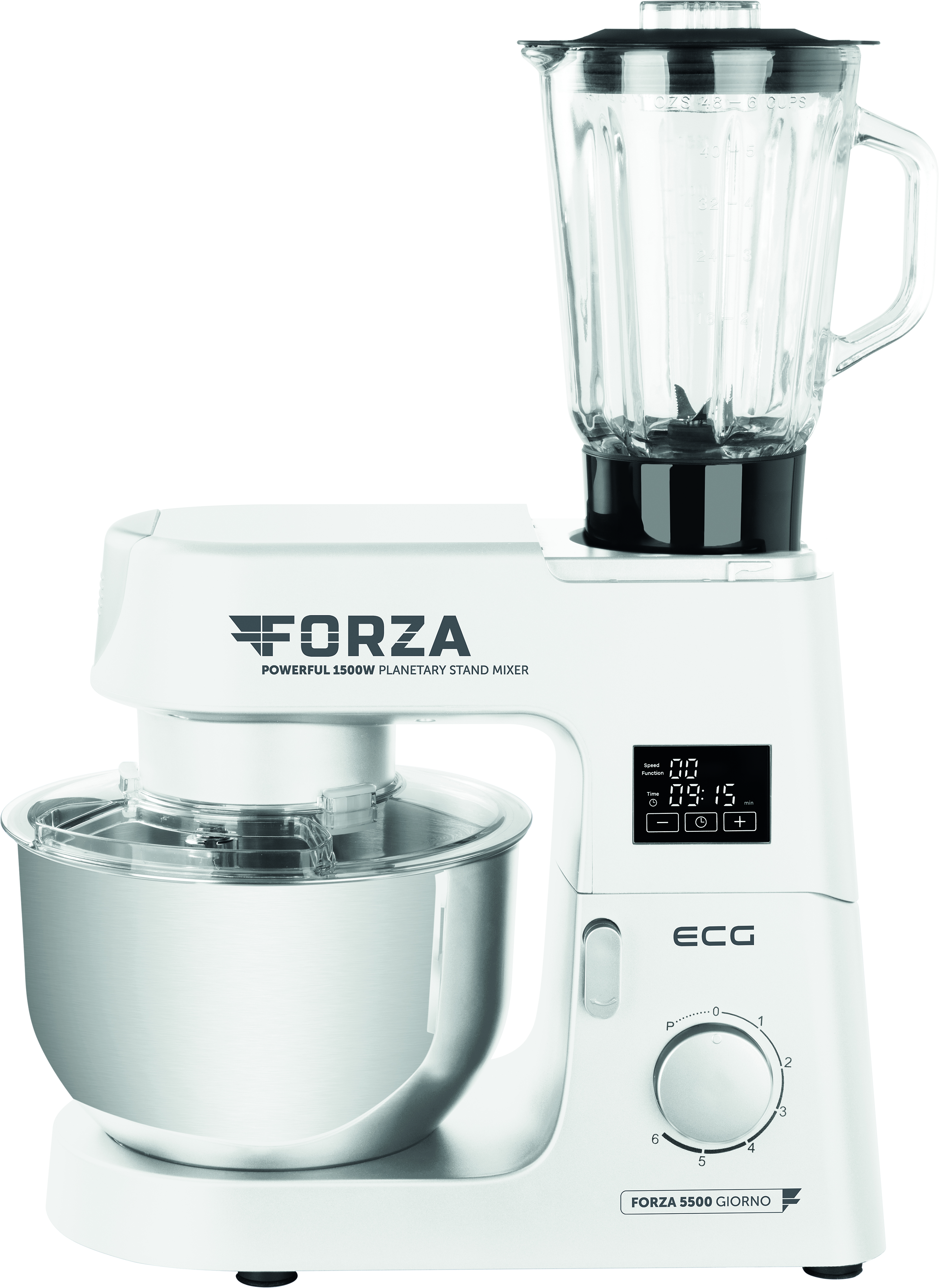 Ein weißes Küchengerät mit einem Mixer oben drauf. Es hat ein digitales Display und einen Drehregler zur Geschwindigkeitsregelung.