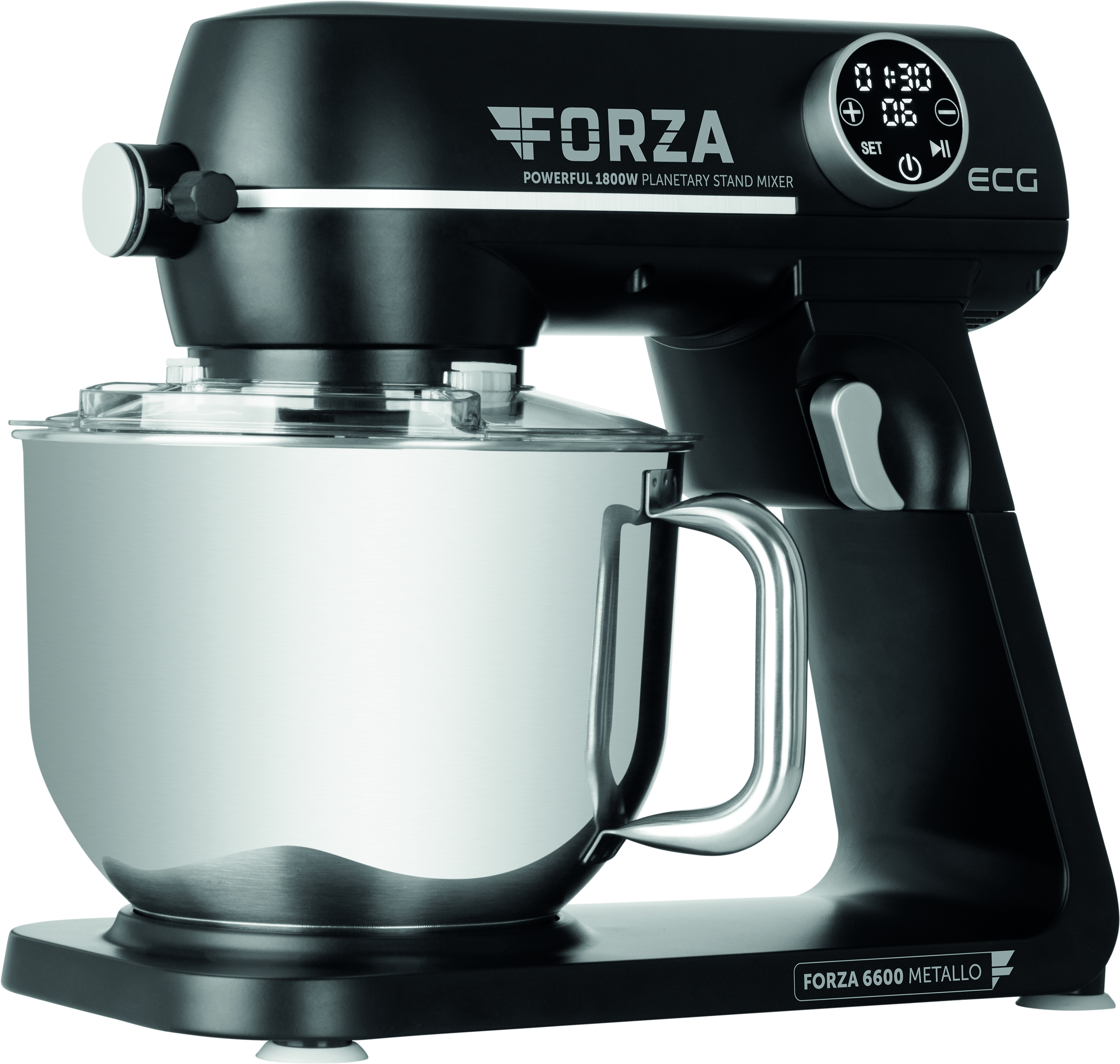 Schwarzer Standmixer mit silberner Schüssel, Marke Forza.