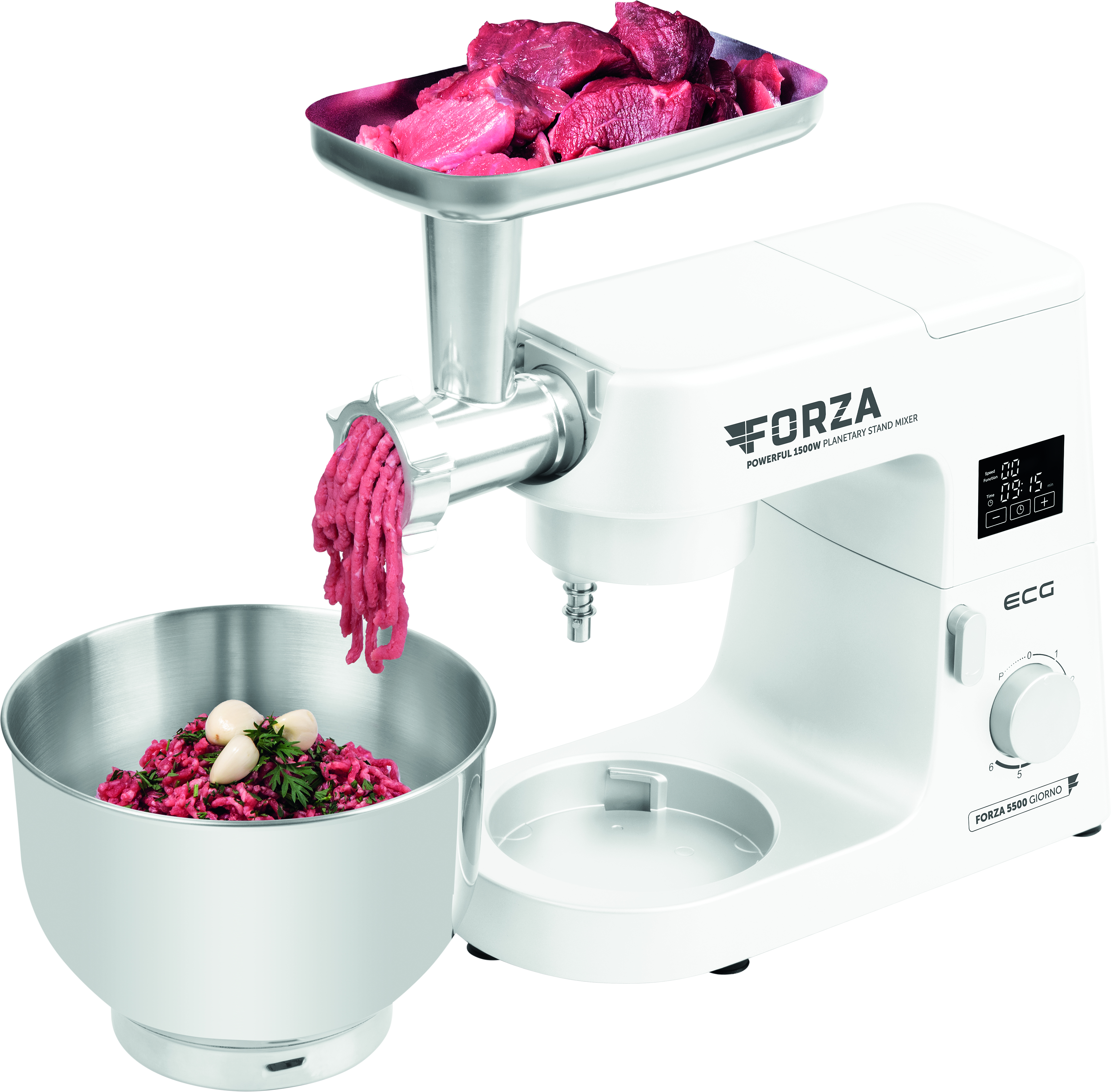 Ein weißer Küchenmixer mit Fleischwolfaufsatz. Rotes Fleisch wird gewolft.