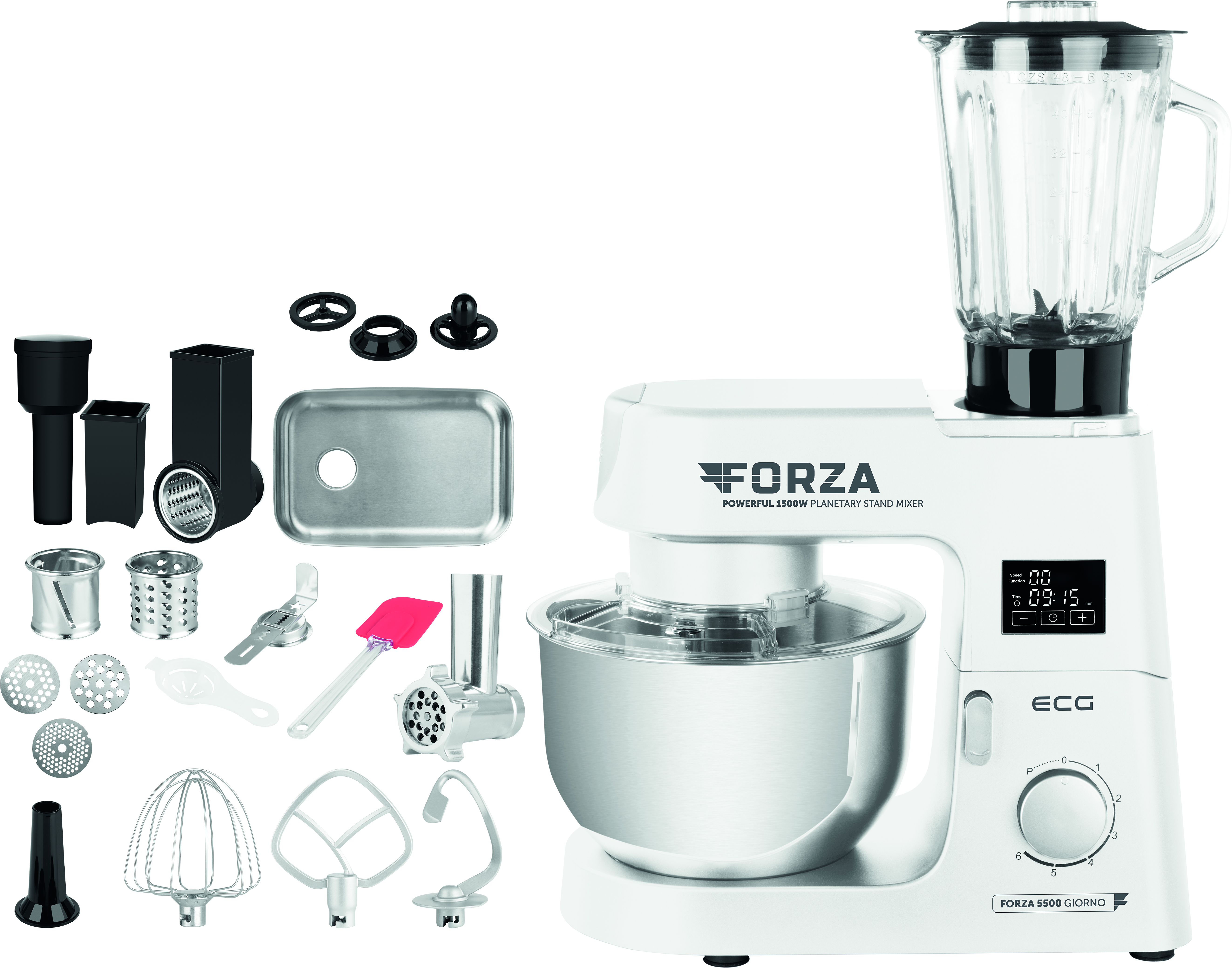 Ein weißer Küchenmixer mit Aufsätzen. Er enthält einen Mixer, eine Mühle und andere Werkzeuge. Die Marke ist Forza.