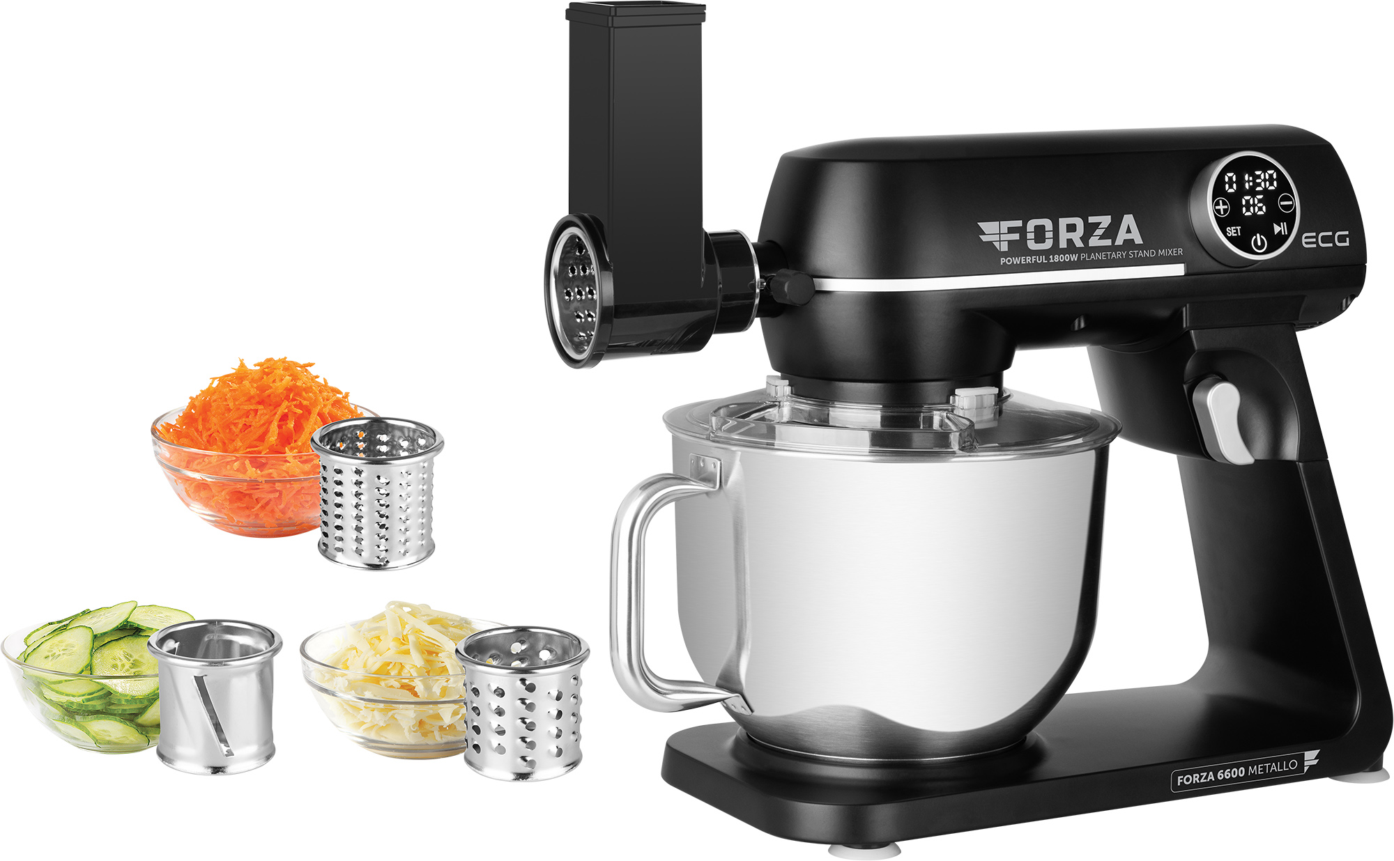 Schwarze und silberne Forza-Küchenmaschine mit Aufsätzen und Schüsseln mit Gemüse zum Schneiden.