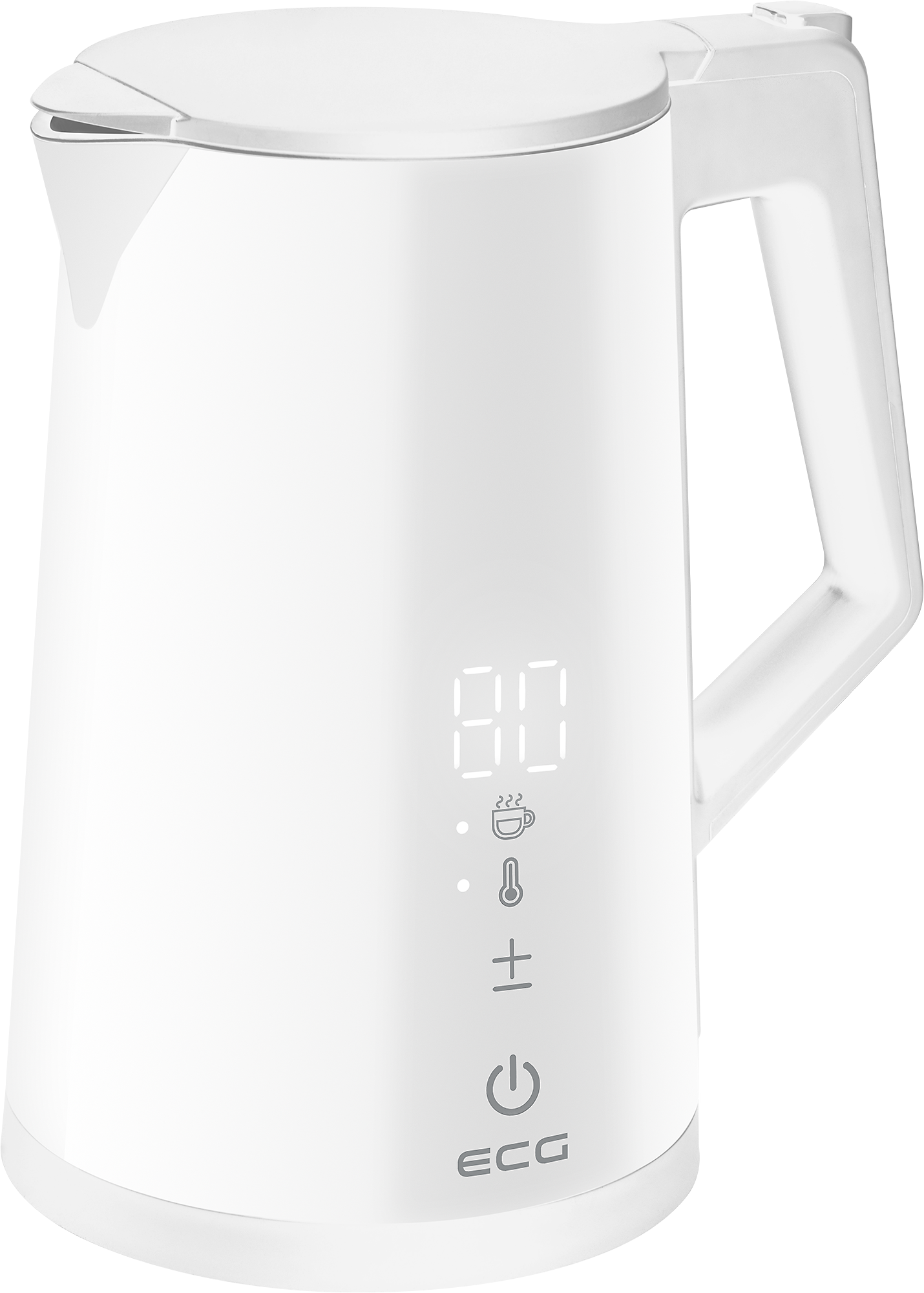 Biały czajnik elektryczny z wyświetlaczem. Pokazuje '80', ma przyciski i markę ECG.