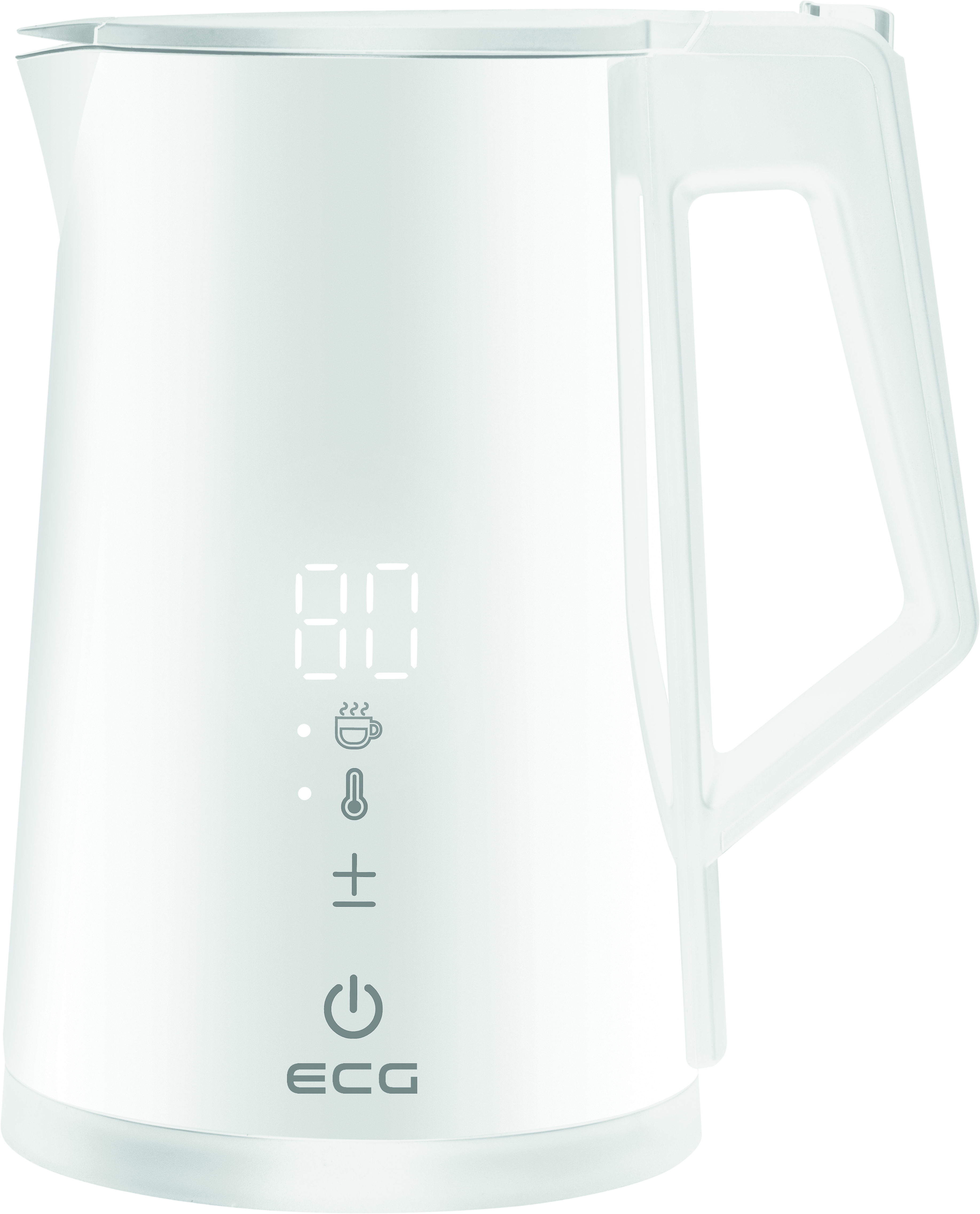 Biały czajnik elektryczny z cyfrowym wyświetlaczem pokazującym temperaturę i symbole sterowania.