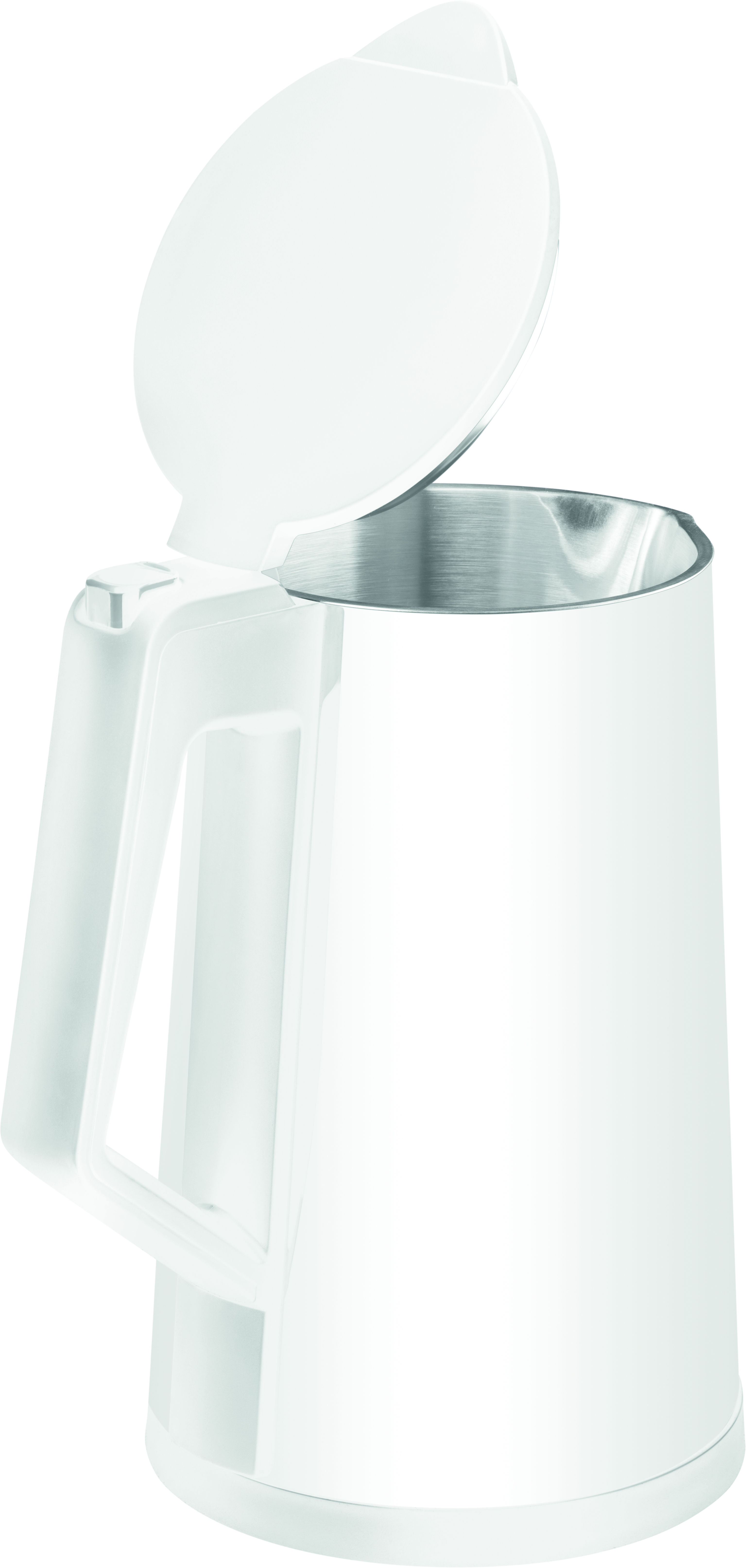 Biały czajnik elektryczny z otwartą pokrywką i uchwytem, pokazujący wnętrze czajnika.