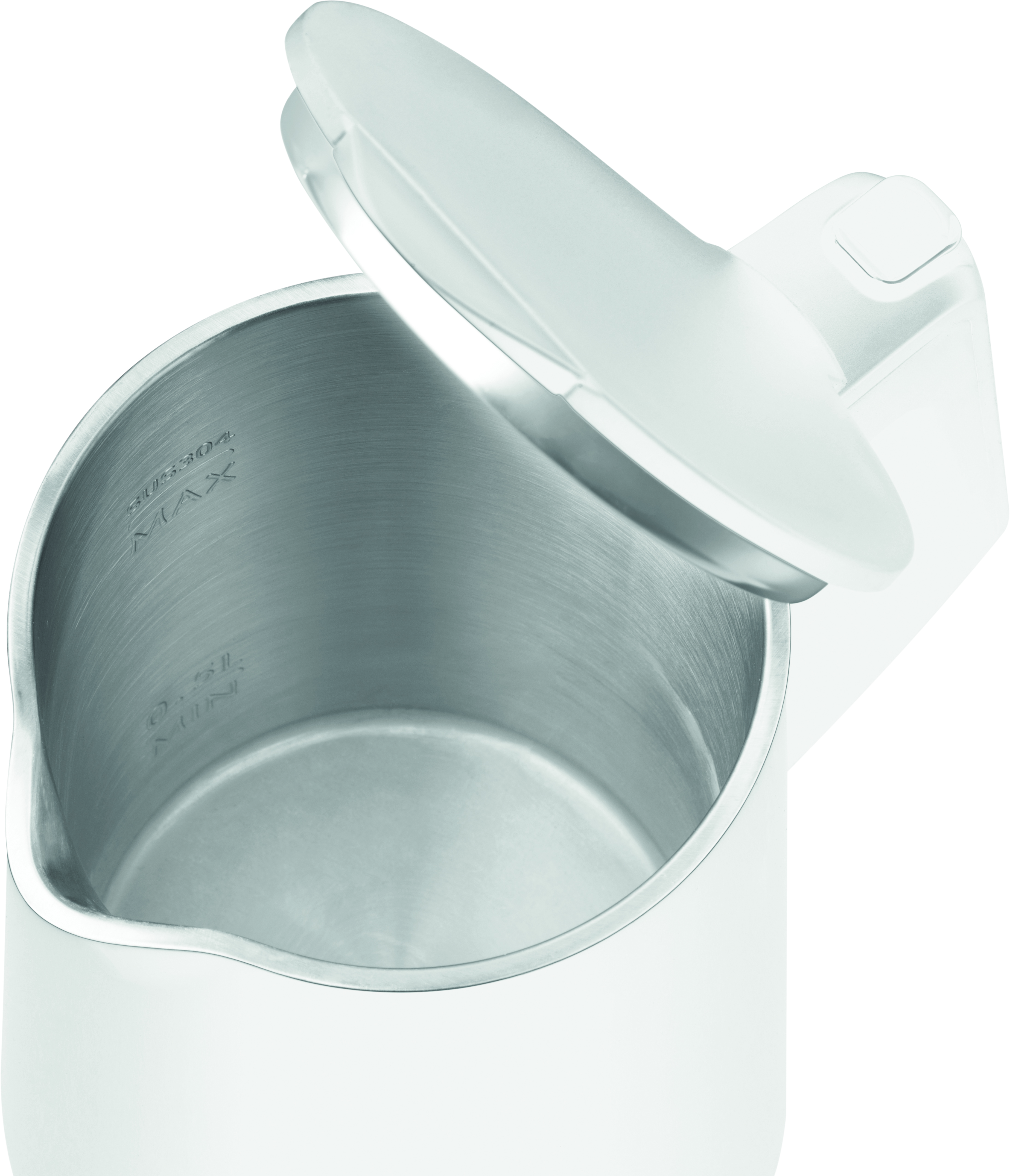 Zbliżenie białego czajnika elektrycznego, otwartej pokrywy, pokazujące wnętrze ze stali nierdzewnej.