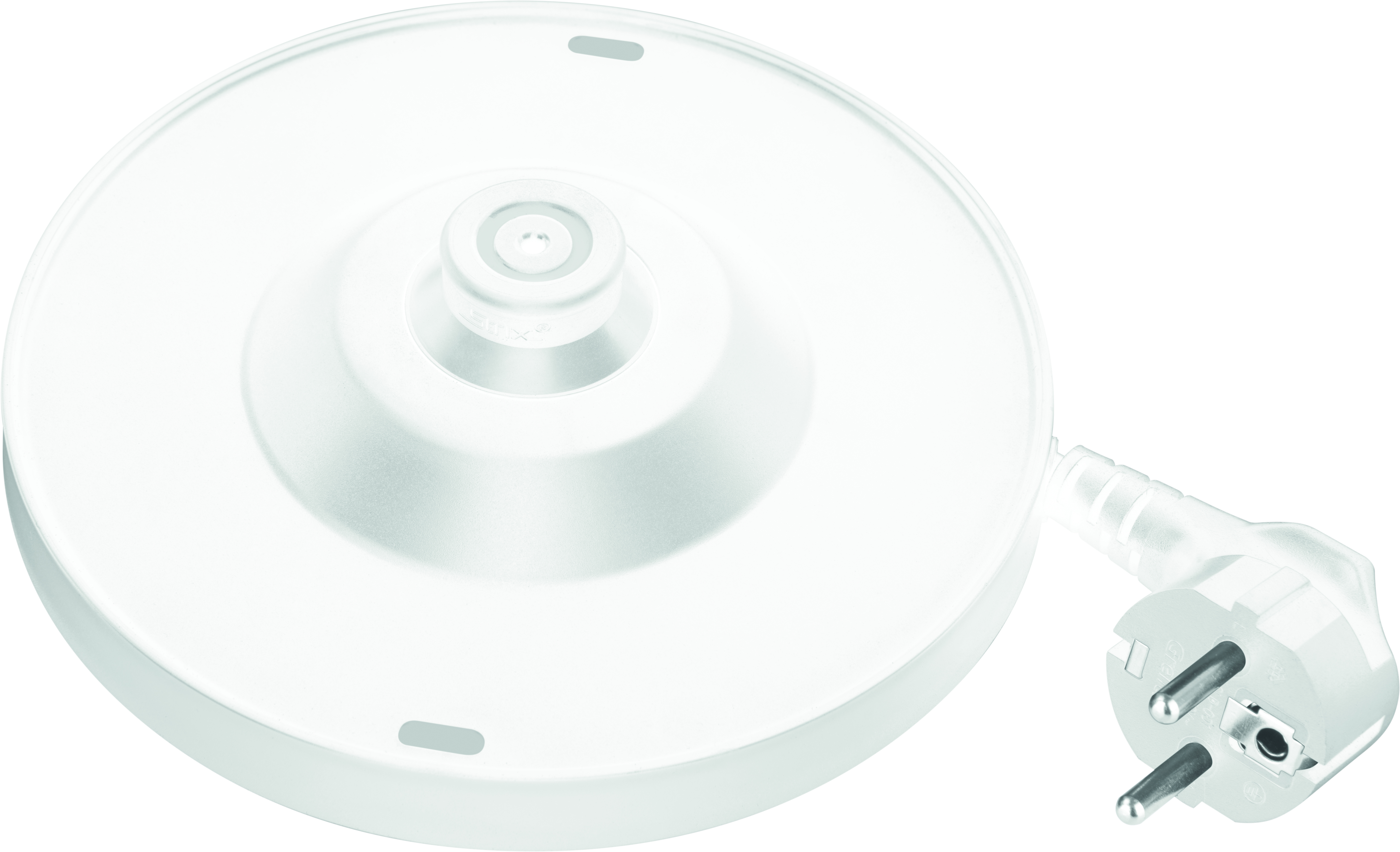 Biała podstawa czajnika z wtyczką i białym tłem.