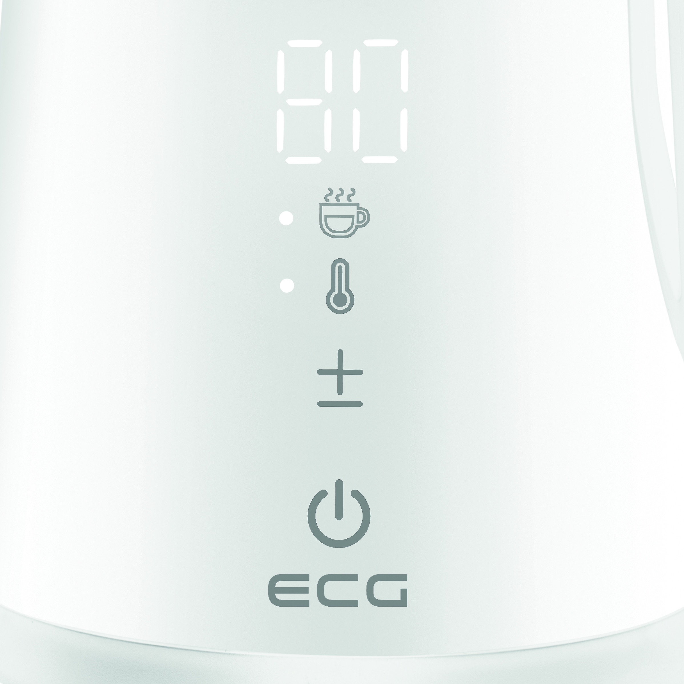 Biały czajnik elektryczny z cyfrowym wyświetlaczem pokazującym ikony temperatury i mocy.