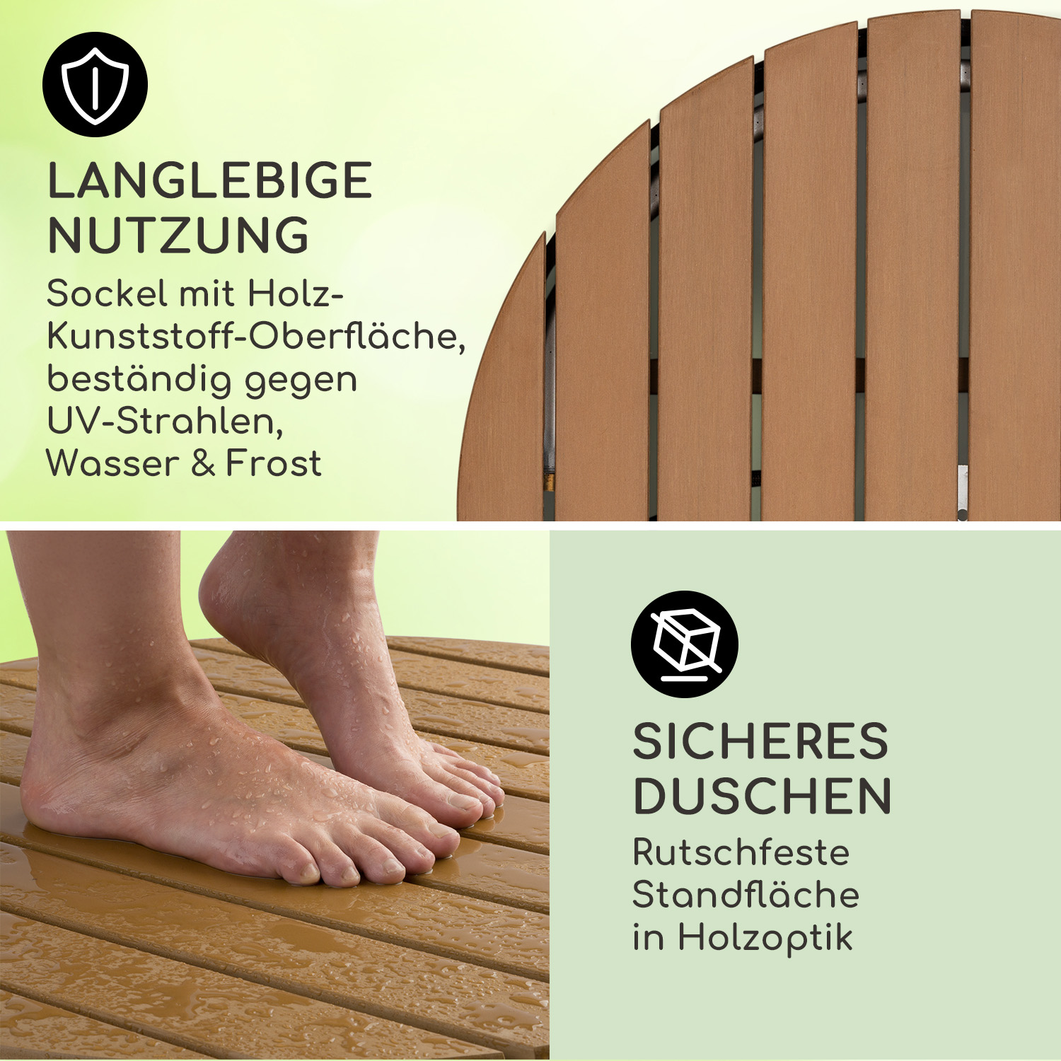 Nahaufnahme von Füßen auf einer Holzstruktur, Text über dauerhafte Nutzung und sicheres Duschen.