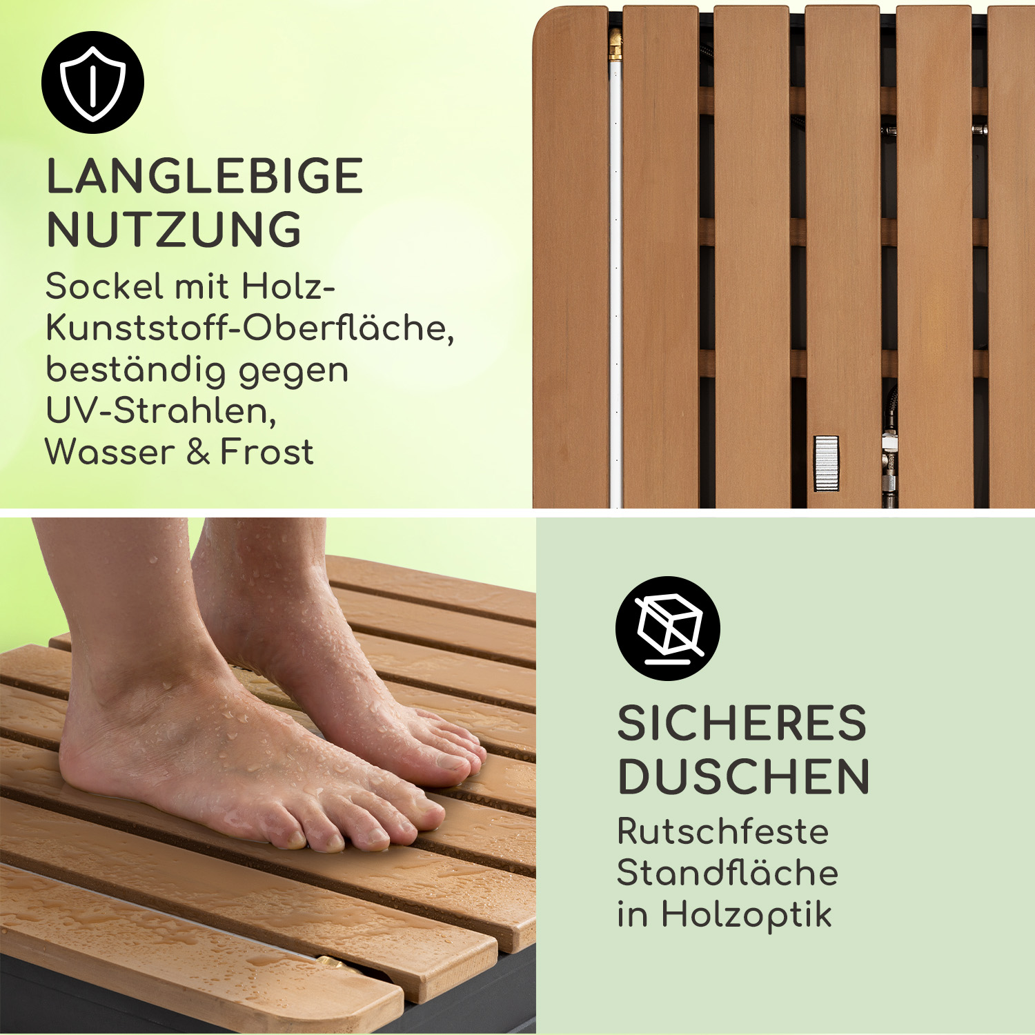Ein Duschboden und eine Wand mit Text über Merkmale wie dauerhafte Nutzung, rutschfeste Oberfläche und Holzoptik.