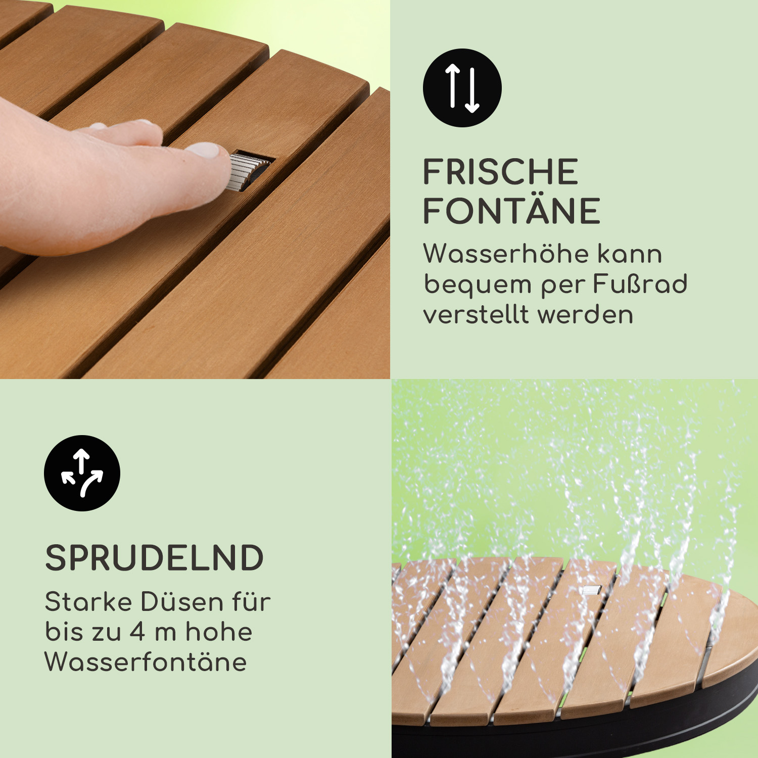 Wasserfontäne mit Holzlatten. Text beschreibt einstellbare Wasserhöhe und starke Düsen für hohe Fontänen.