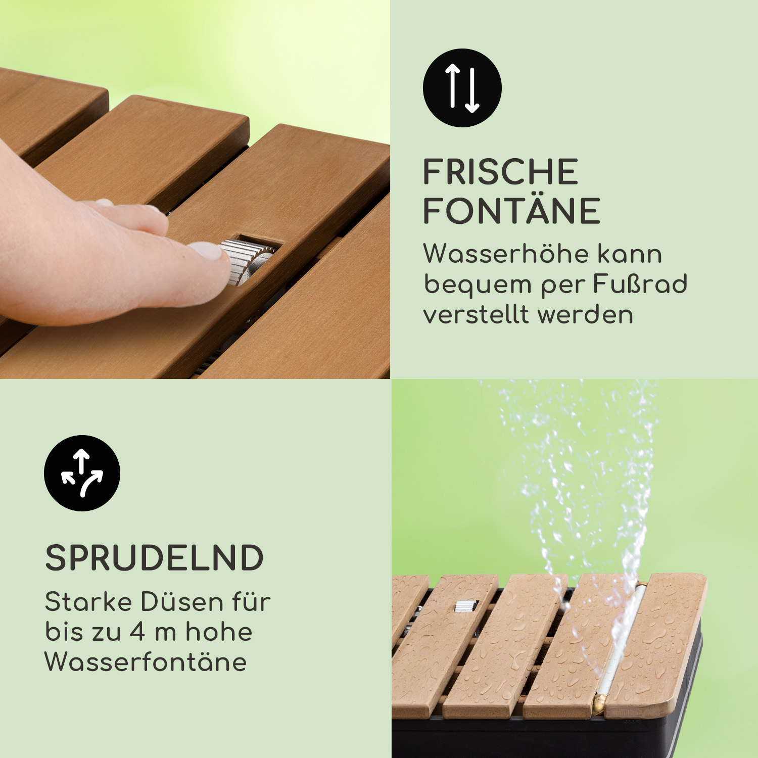 Nahaufnahme von Holzlatten mit Anweisungen zur Wasserspiel. Text: Frische Fontänen, einstellbar.