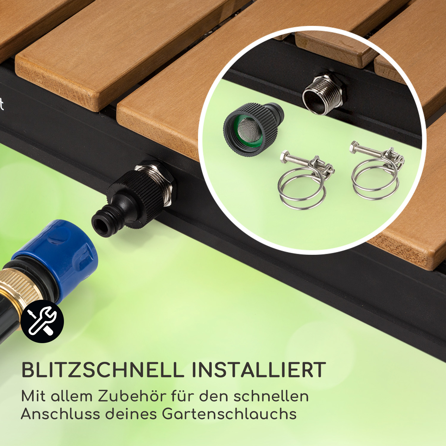 Gartenschlauchanschluss mit Zubehör, Text 'BLITZSCHNELL INSTALLIERT', grüner Hintergrund.
