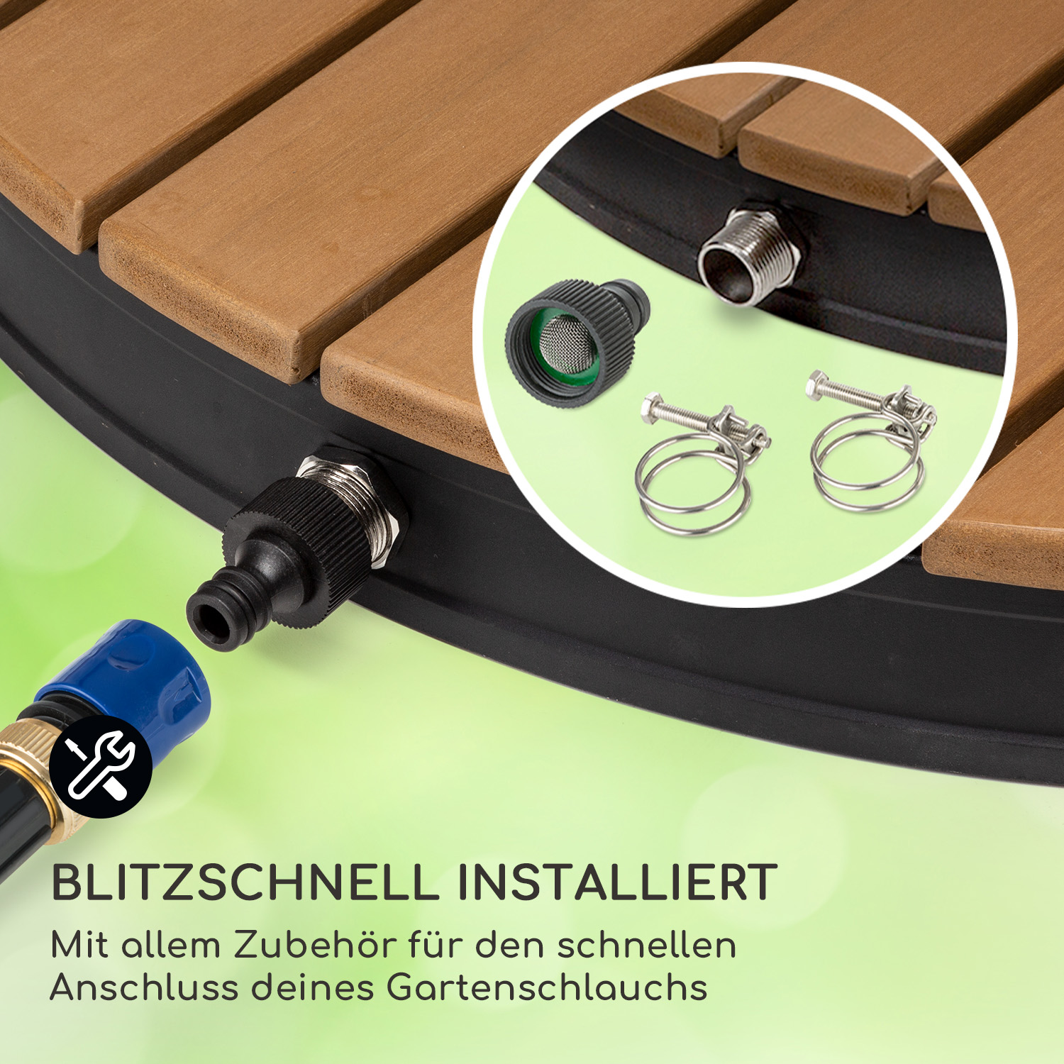 Gartenschlauch-Aufsätze, darunter ein schwarzer Verbinder und zwei Metallklemmen.