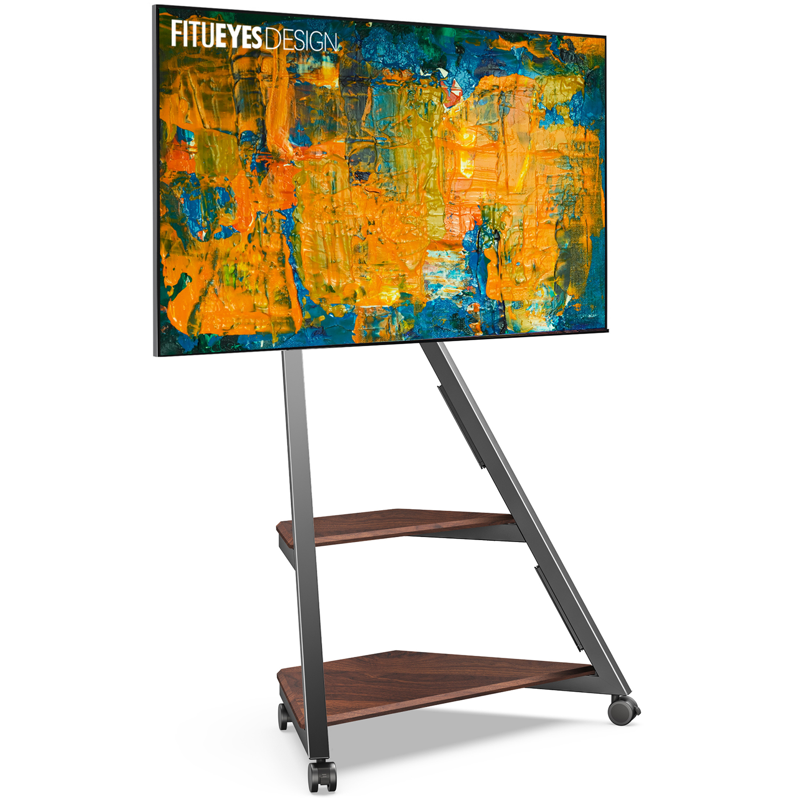 TV-Ständer mit großem Bildschirm, Holzregalen und Rollen für Mobilität.
