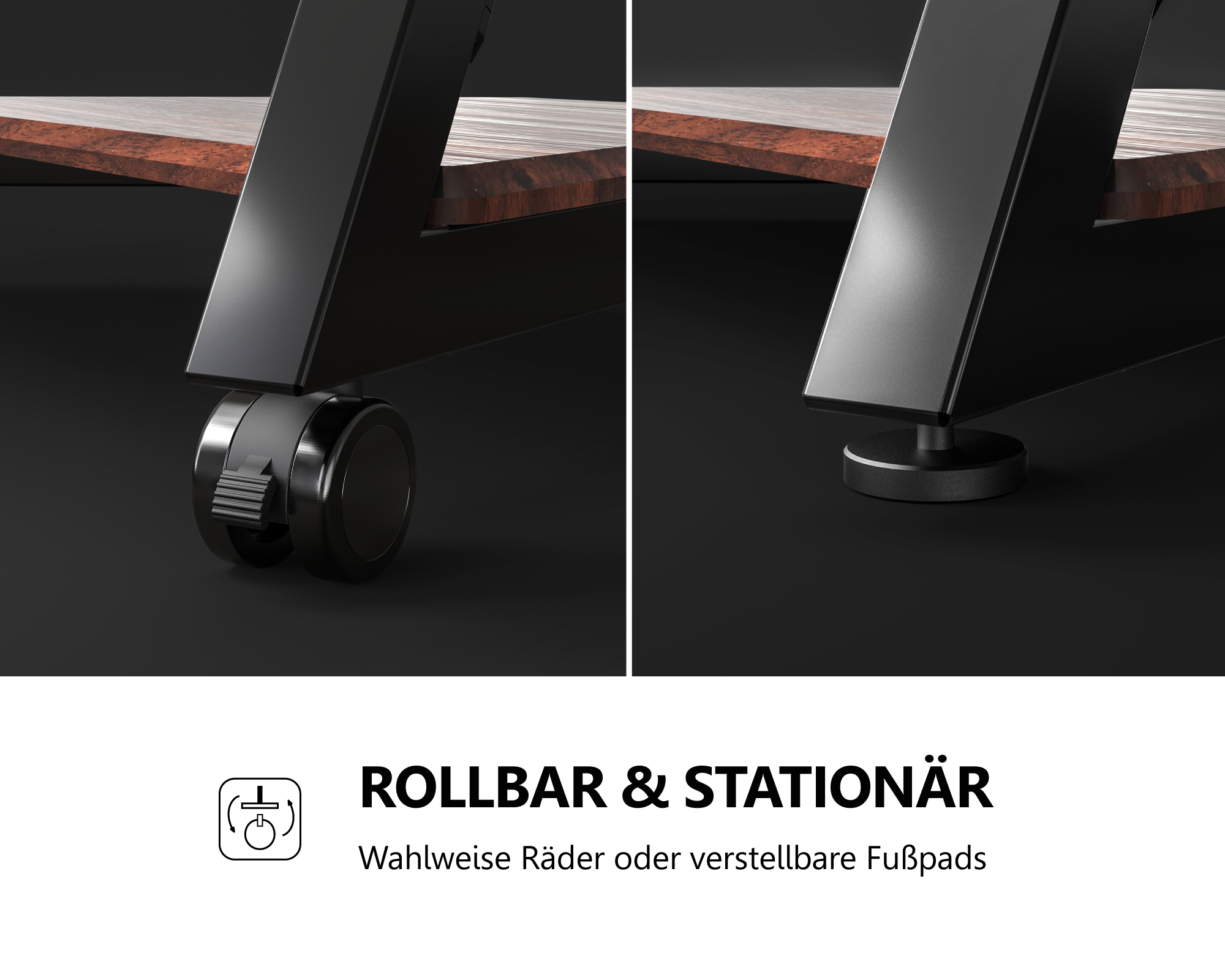 Nahaufnahme eines Möbelfußes mit Rad und stationärem Fuß.