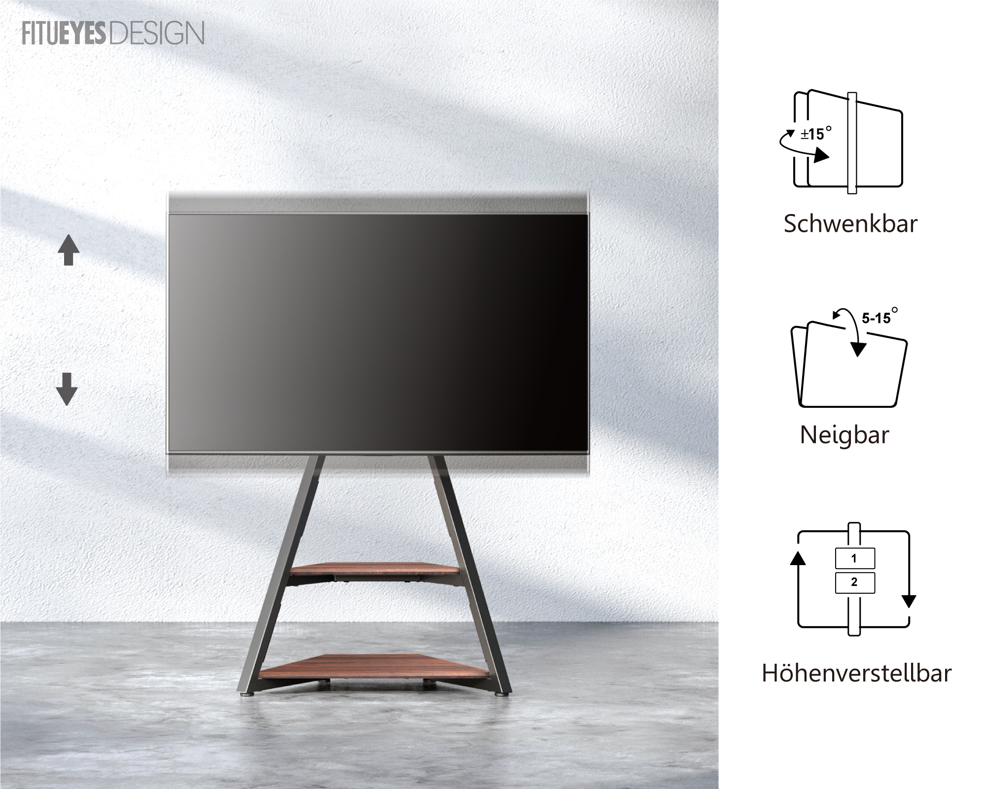 Ein TV-Ständer mit schwarzem Bildschirm und zwei Ablagen. Symbole, die verstellbare Funktionen zeigen.