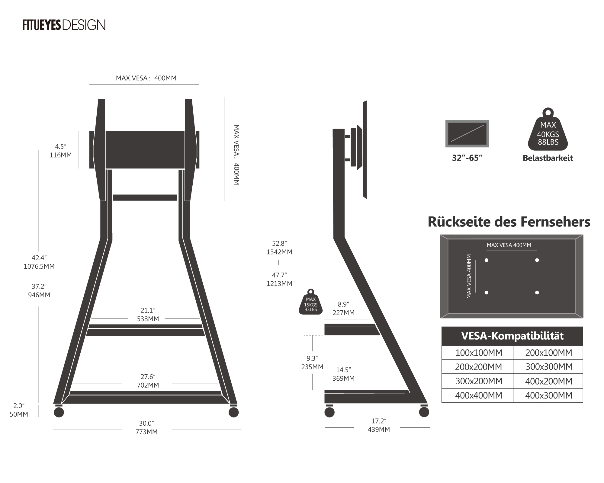 Diagramm eines TV-Ständers mit Abmessungen und Spezifikationen, Text auf Deutsch.