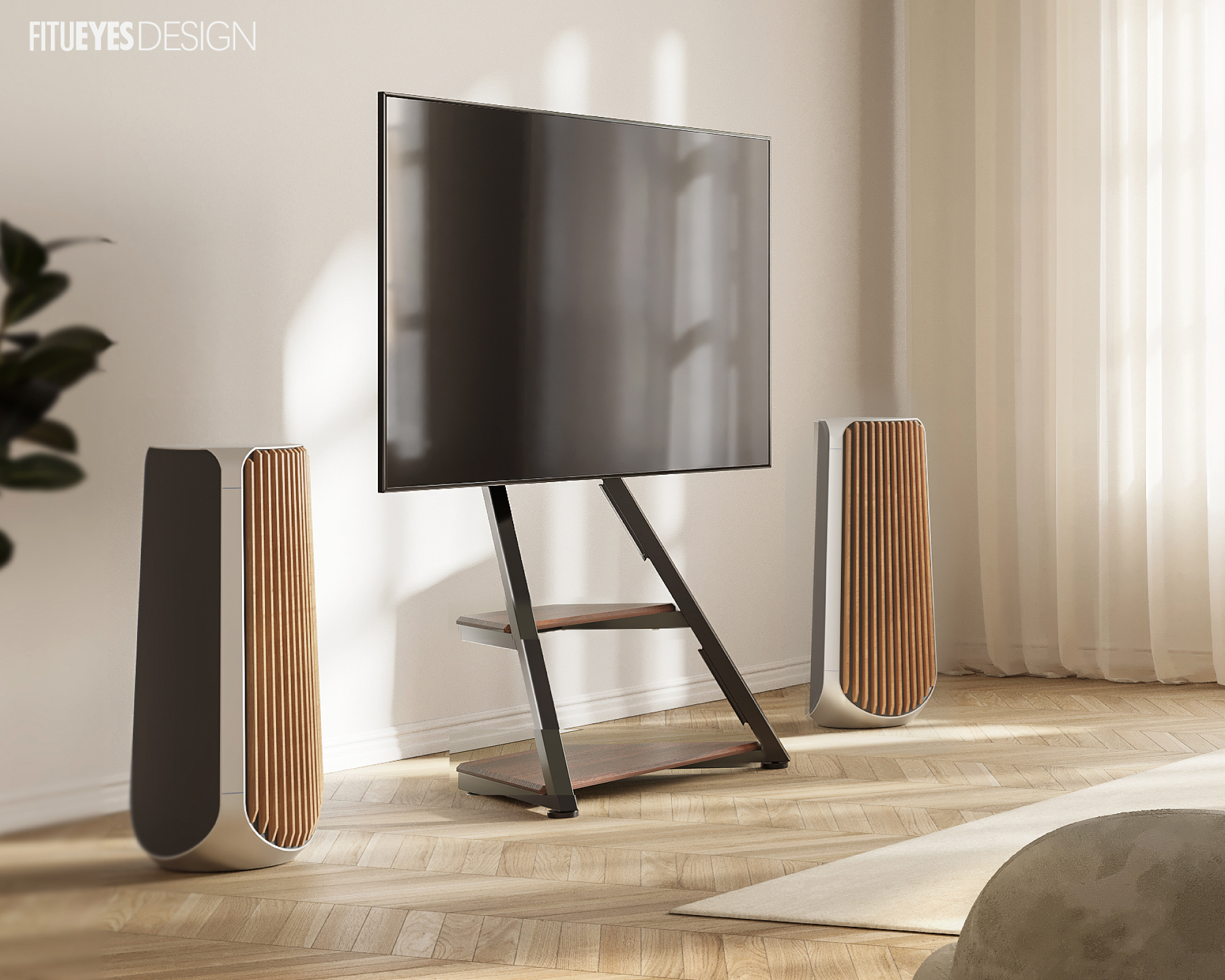 Ein TV-Ständer mit einem Fernseher und zwei Lautsprechern vor einer weißen Wand und Holzboden.