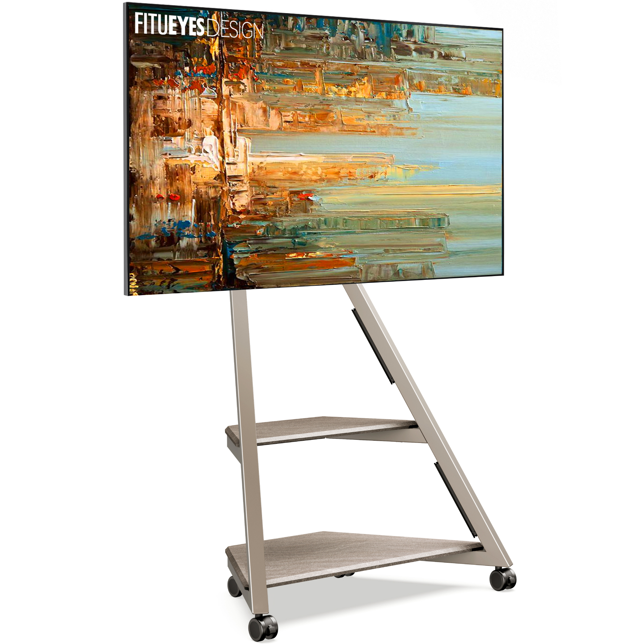 TV-Bildschirm mit farbenfrohem Kunstwerk auf einem Ständer mit Regalen und Rädern.