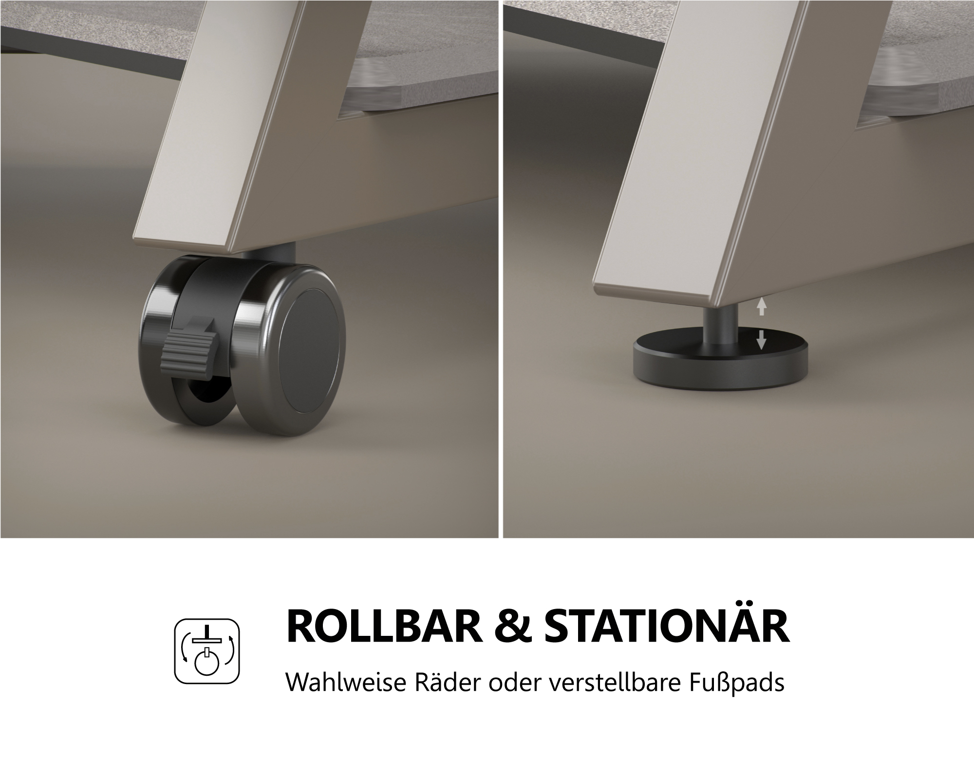 Nahaufnahme von Möbelfüßen, die Räder und verstellbare Füße zur Stabilität zeigen.