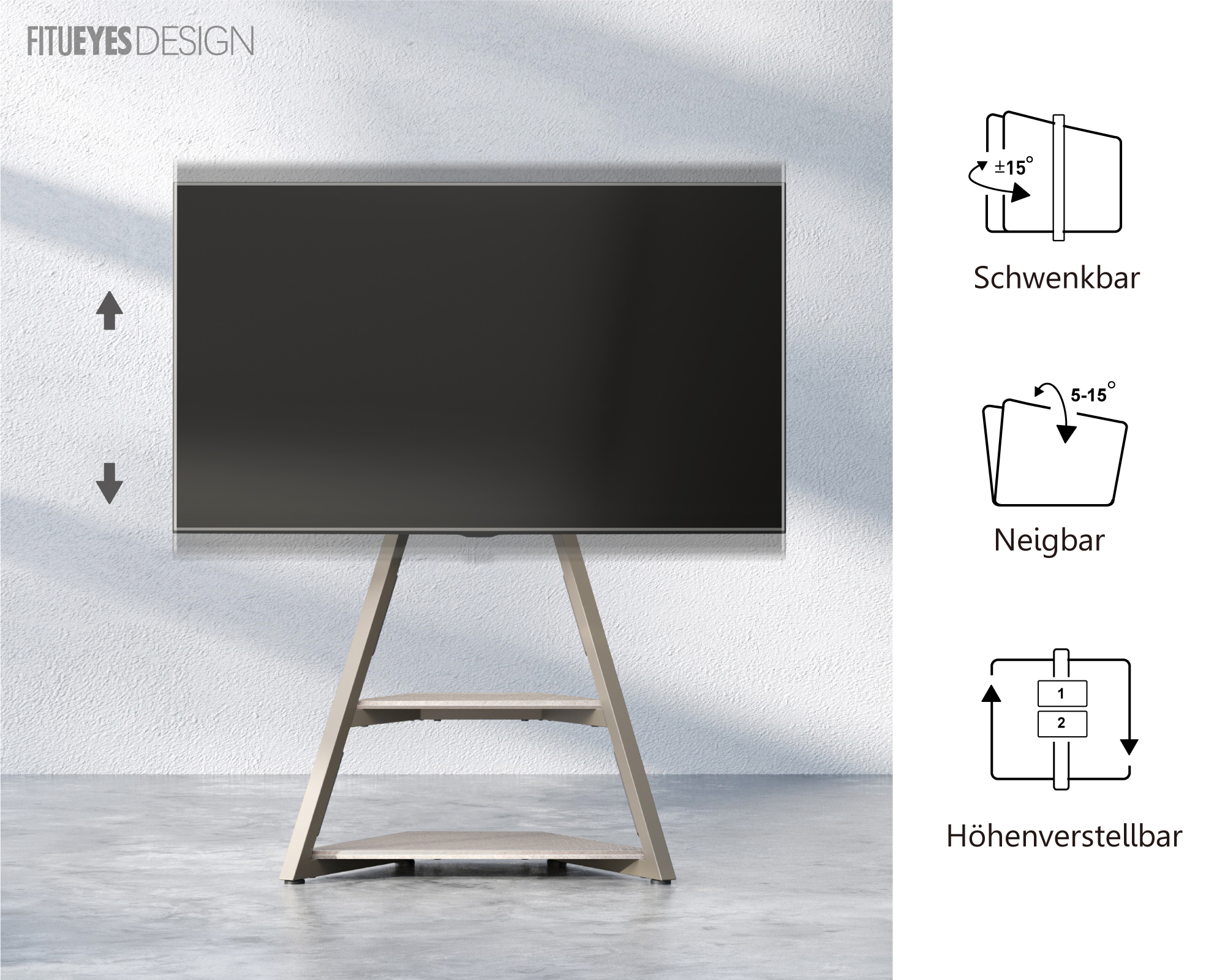 Ein TV-Ständer mit montiertem Fernseher. Es zeigt einstellbare Funktionen: Schwenken, Neigen und Höhe. Der Hintergrund ist eine weiße Wand.