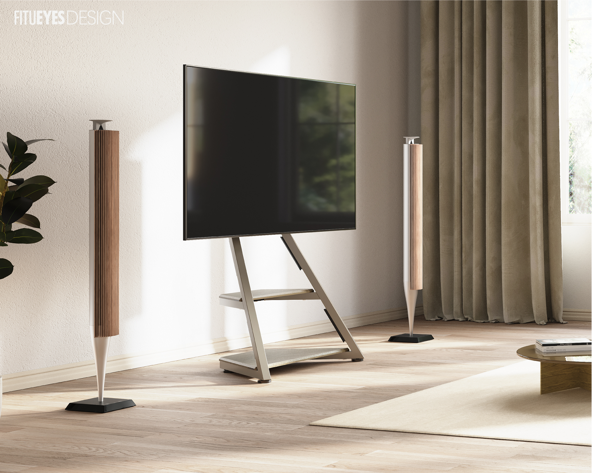Wohnzimmer mit Lautsprechern, Fernseher und einem Ständer. Die Lautsprecher sind hoch und schlank.