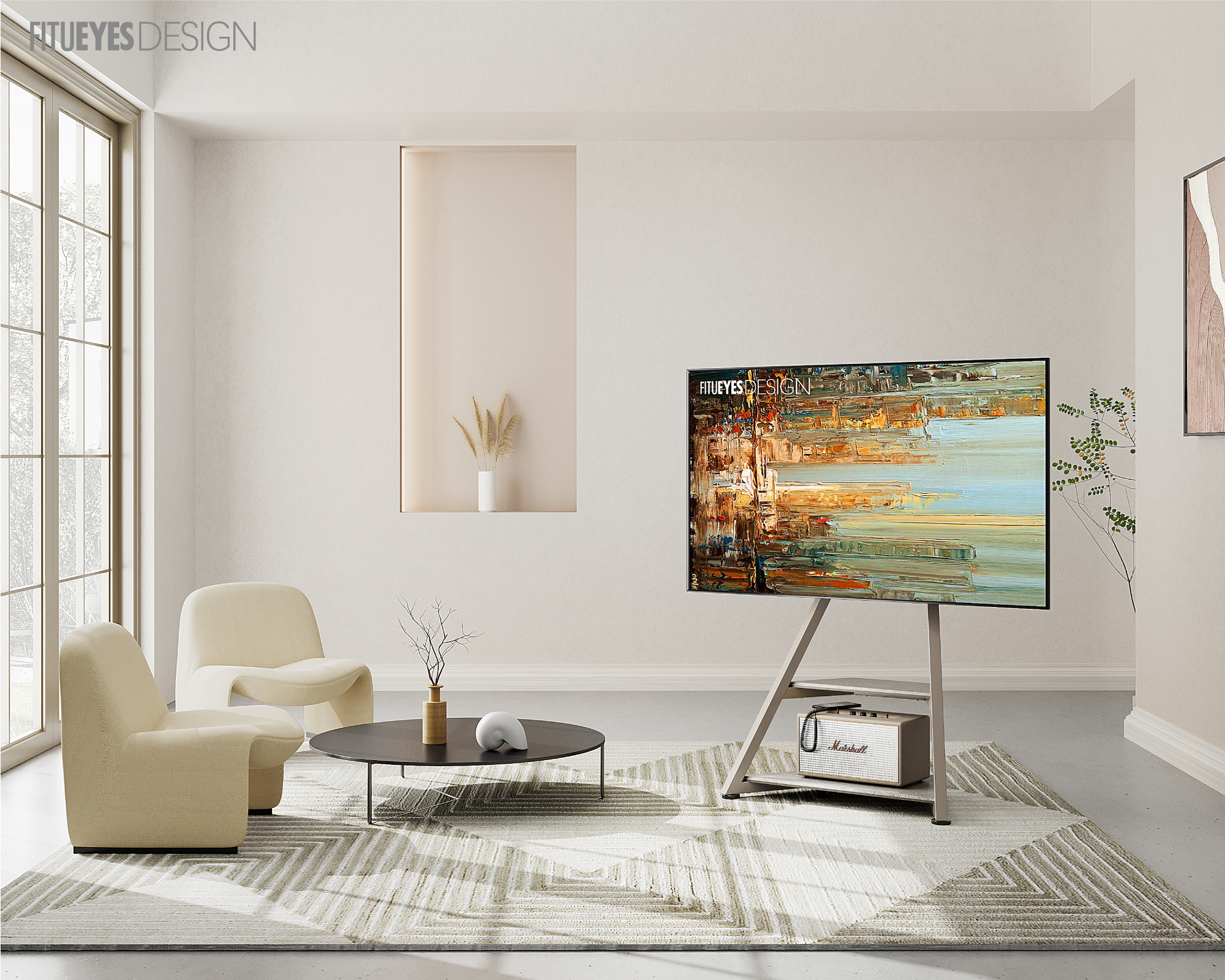 Wohnzimmer mit Fernseher auf einem Ständer, zwei Stühlen, einem Teppich und einem runden Couchtisch.